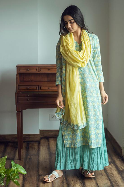 Ridhi Suri Serenity Green yellow block printed kurta with crinkled palazzo set of 3
