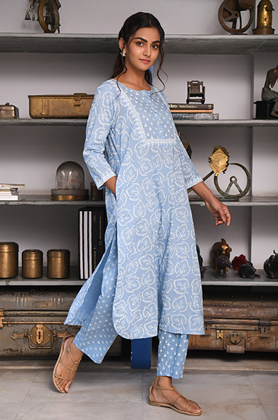 Ridhi Suri Feriha Blue Straight Kurta with Palazzo - Set of 2