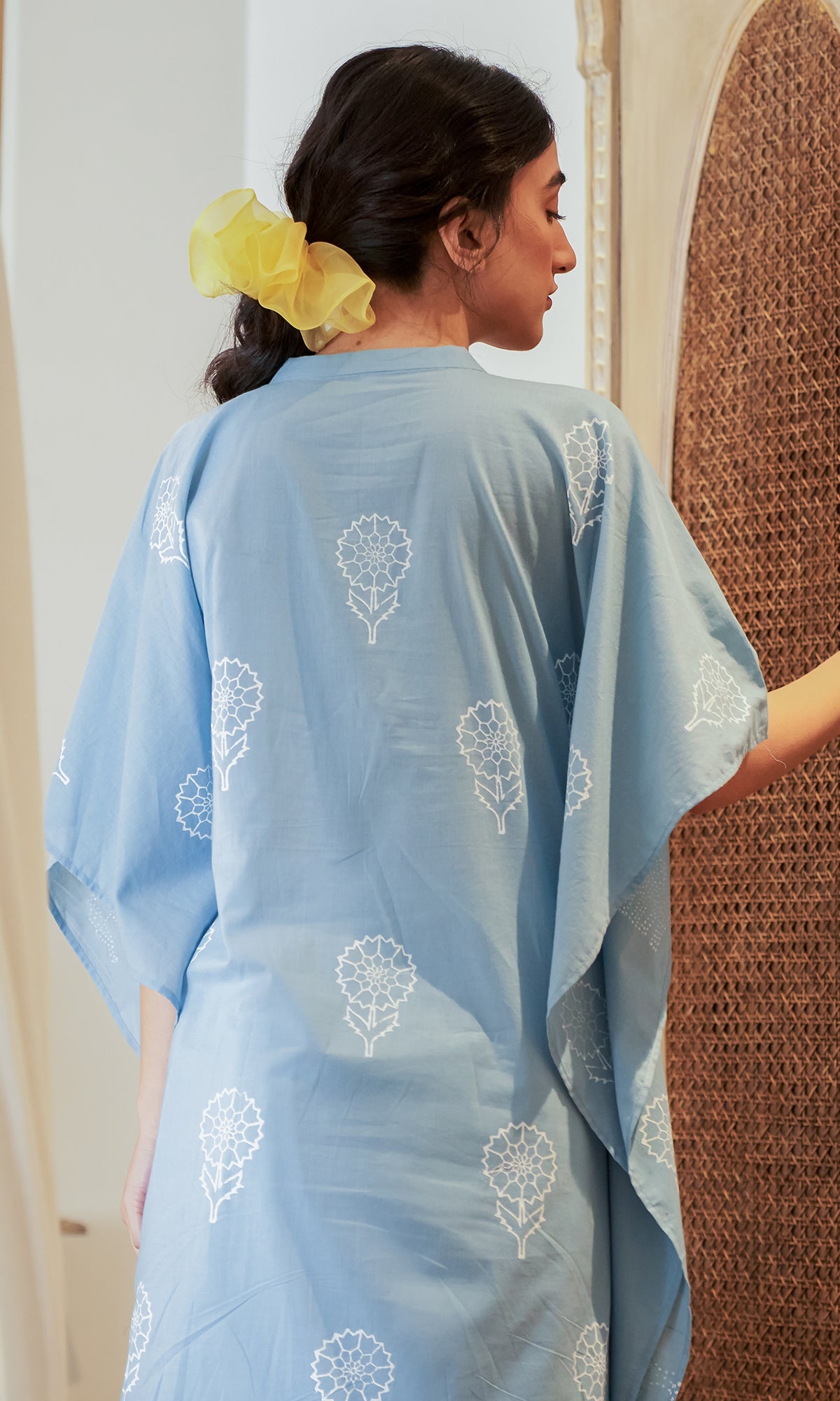DAISY 2 ELEPHANT POWDER BLUE PRINT KAFTAN WITH SCHIFFLI PALAZZO - SET OF 2