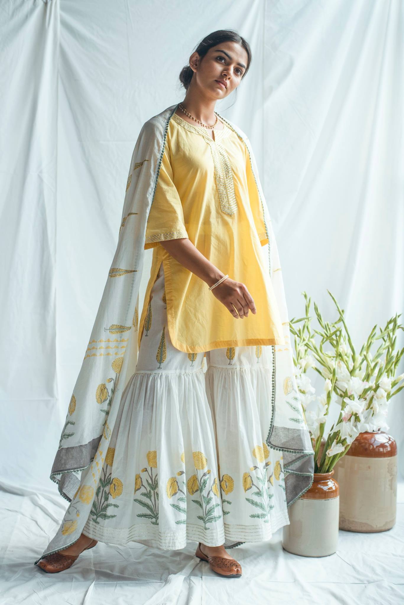 Ridhi Suri Bahameen Yellow Mughal Sharara Set with Gota Embroidery