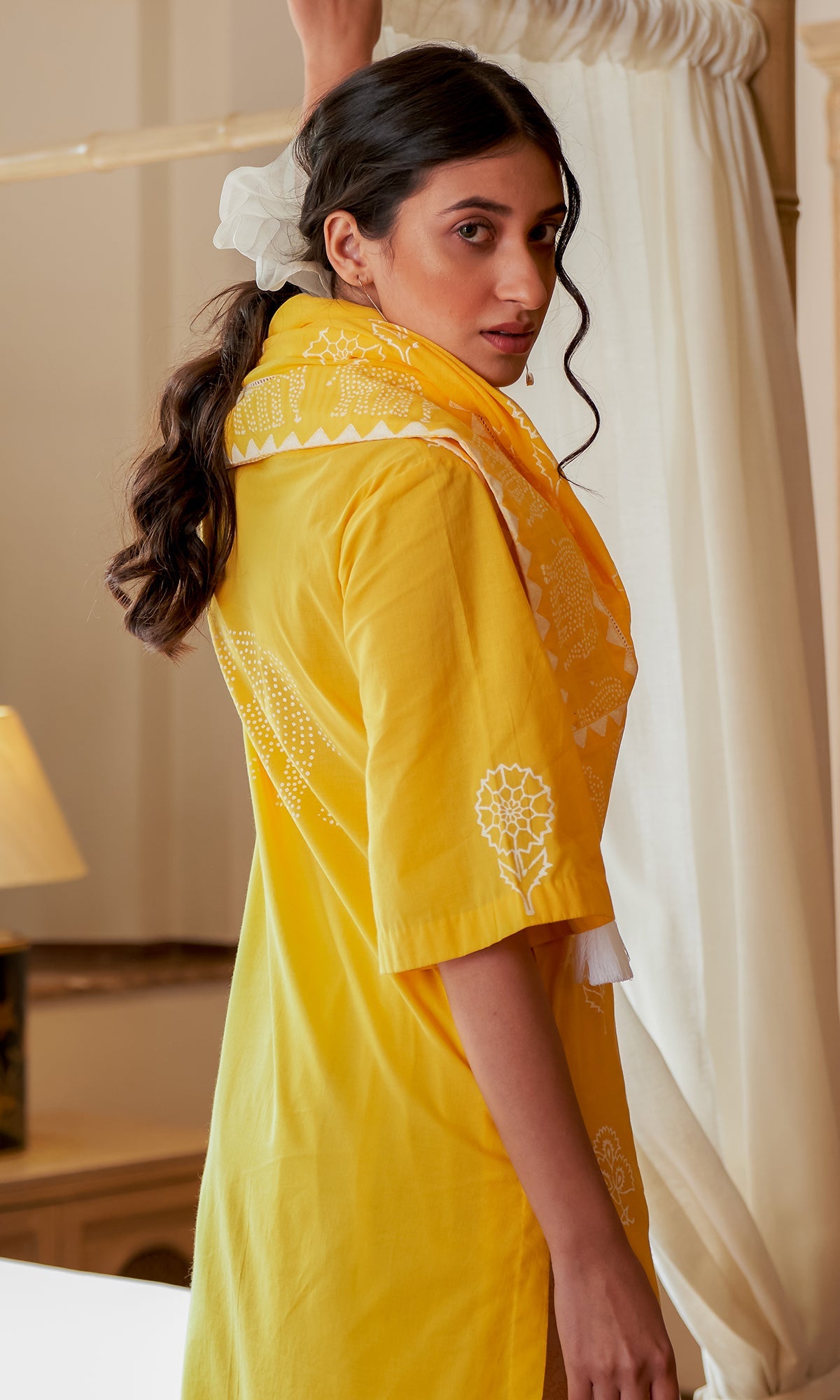 DAISY 2 MUSTARD FLORAL PRINTED KURTA WITH DHOTI SALWAR & SCARF - SET OF 3