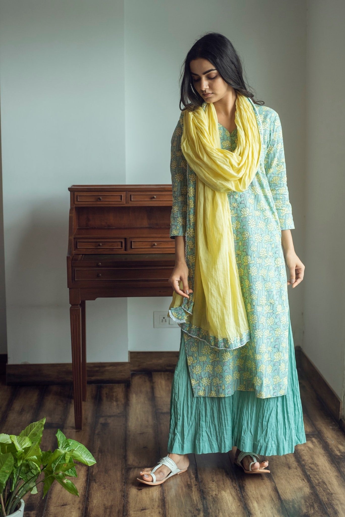 Ridhi Suri Serenity Green yellow block printed kurta with crinkled palazzo set of 3
