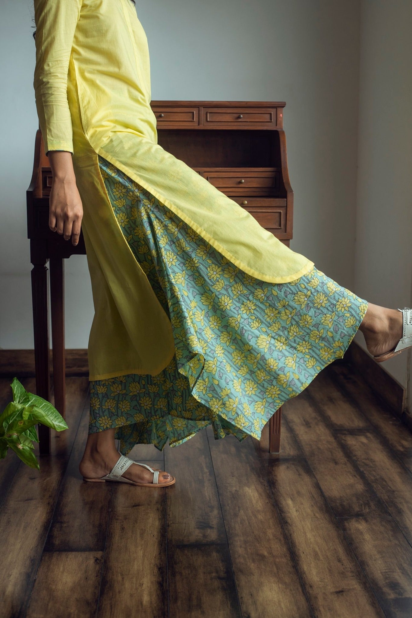 Ridhi Suri Serenity Solid Kurta with Asymmetric Palazzo - Yellow