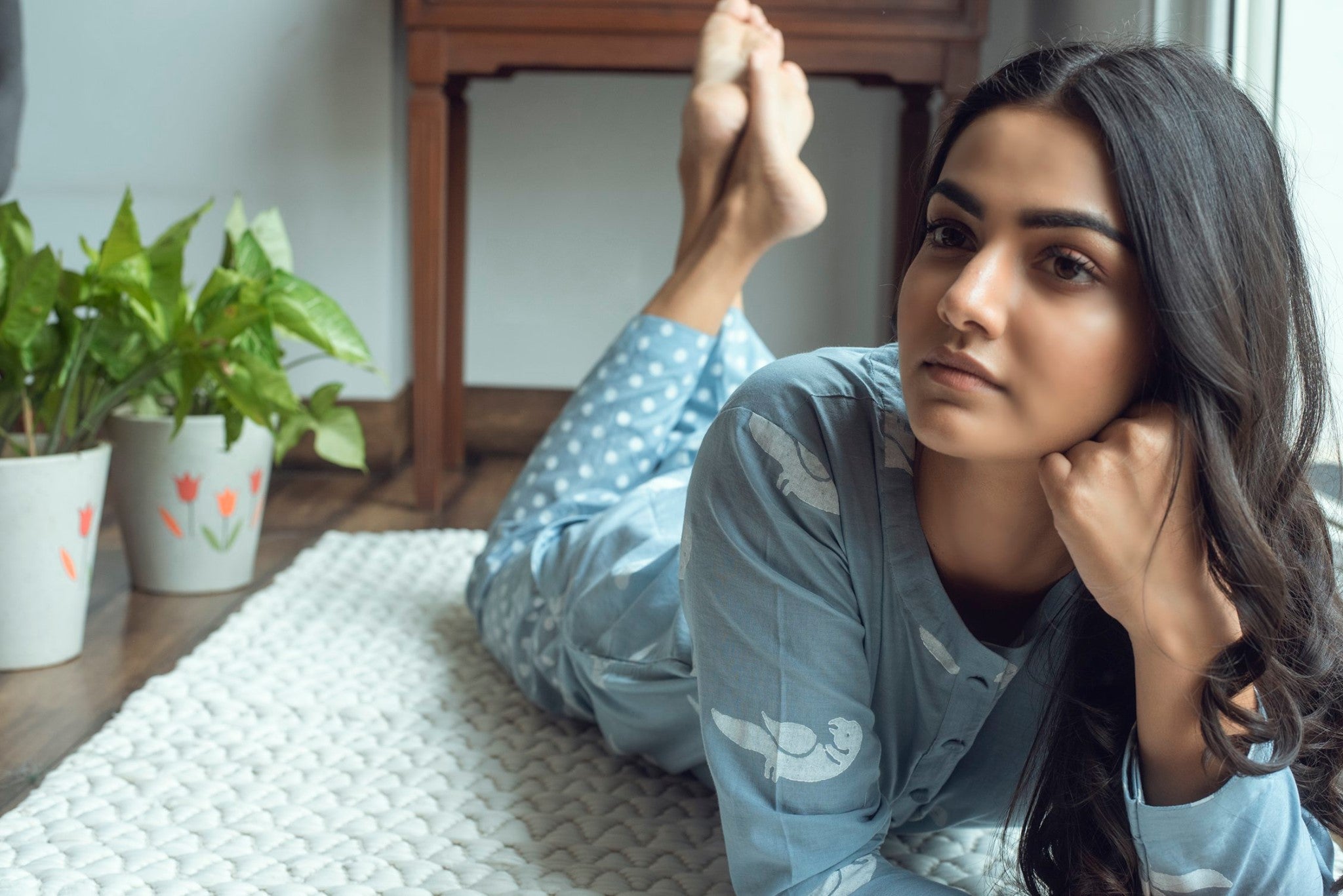 Ridhi Suri Serenity White bird print kurta palazzo set- Blue