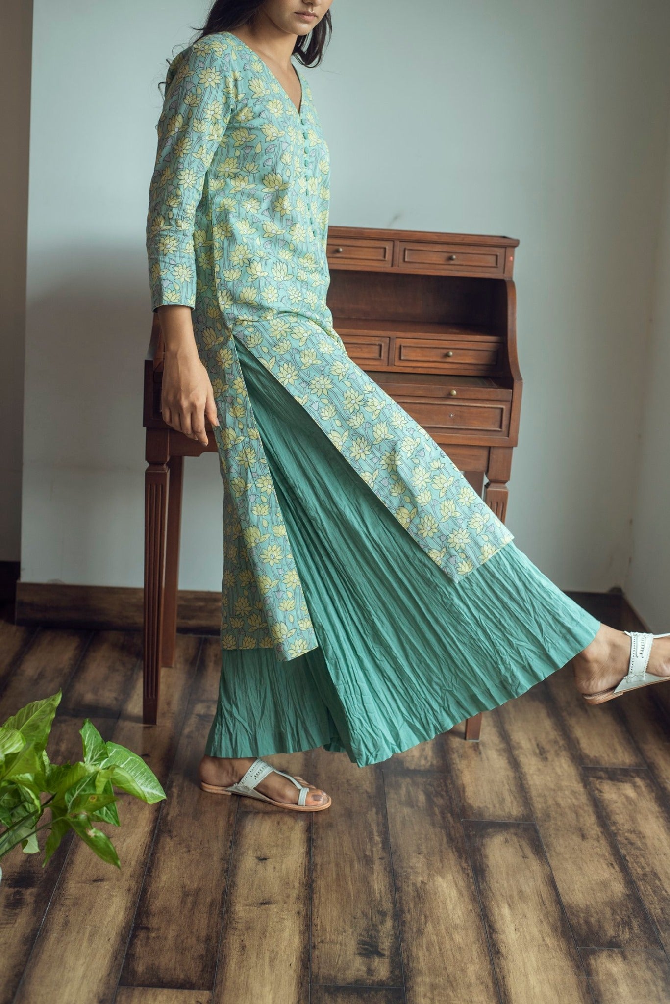 Ridhi Suri Serenity Green yellow block printed kurta with crinkled palazzo set of 2