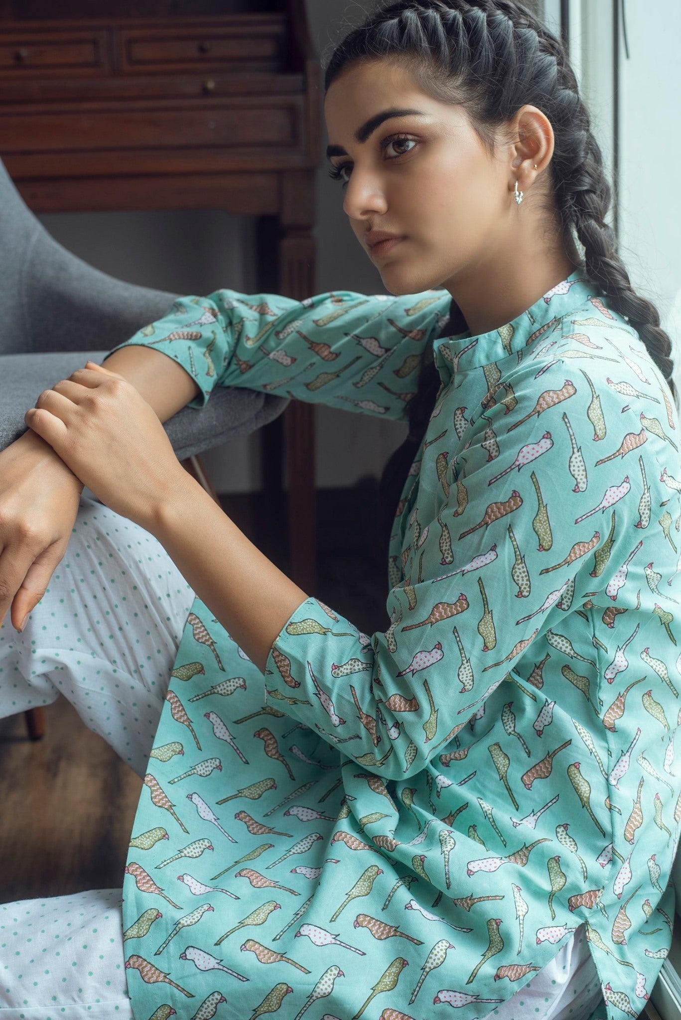 Ridhi Suri Serenity Bird Print Lounge set- Green