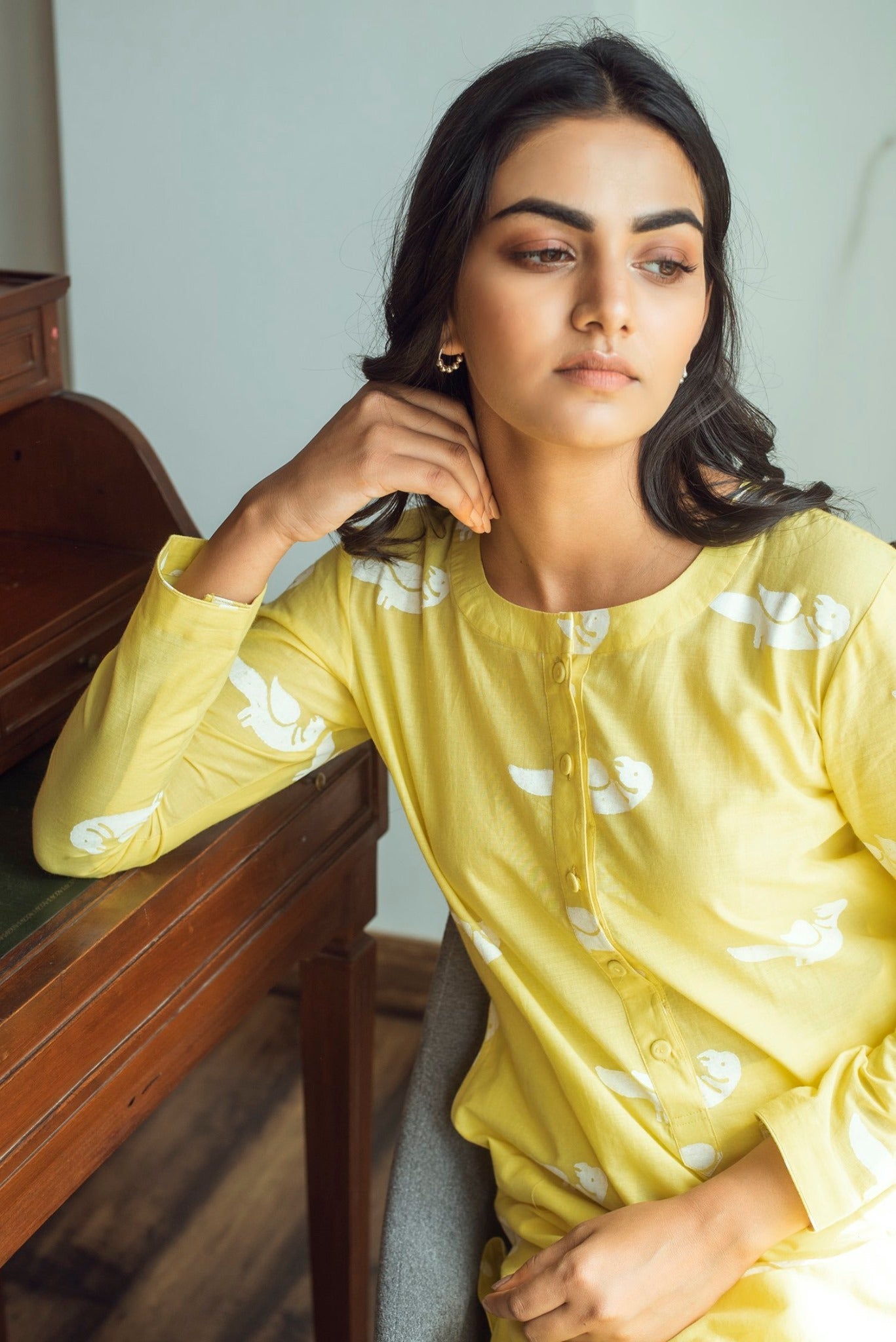 Ridhi Suri Serenity White bird print kurta palazzo set- Yellow