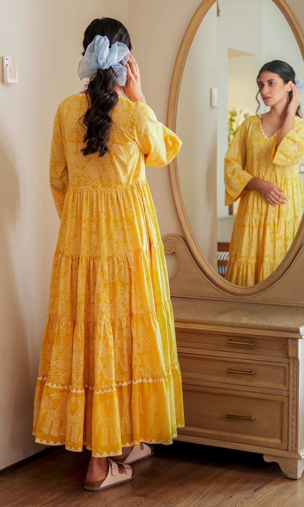 DAISY 2 ELEPHANT PRINT MUSTARD YELLOW TIERED DRESS