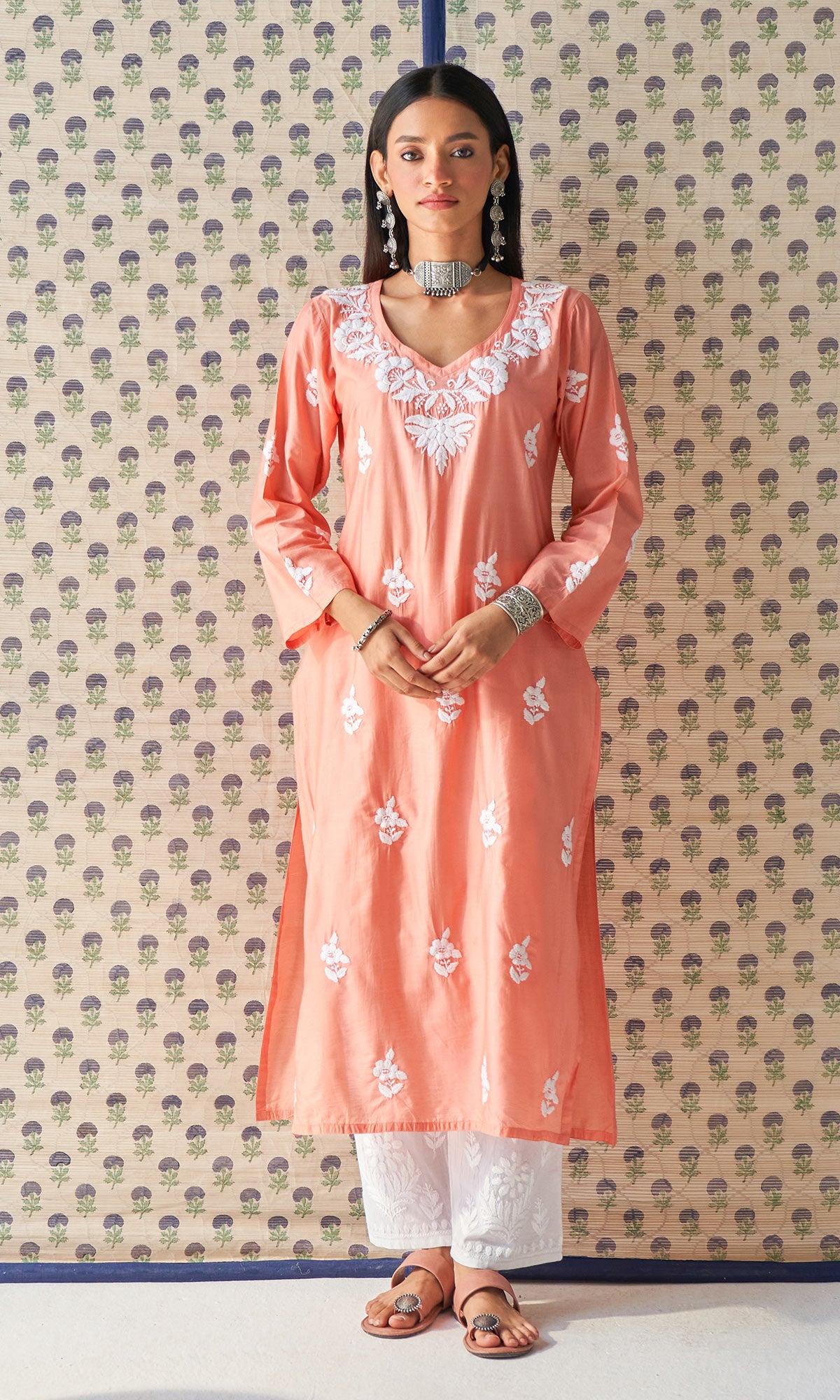 Handcrafted Chikankari Dark Peach Straight Kurta
