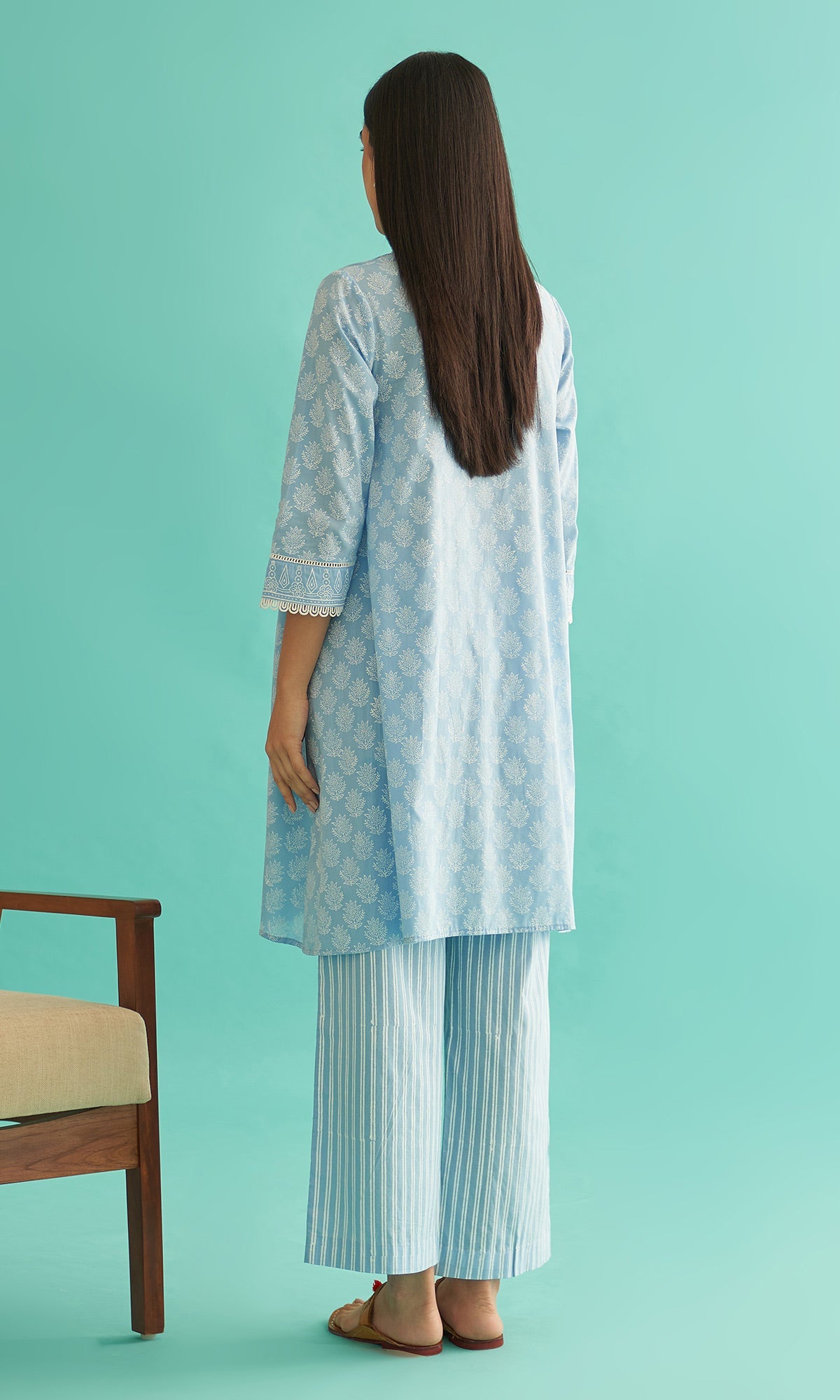 Daisy Vol 3 - Powder Blue Hand Block Printed Asymmetrical Shirt Set of 2