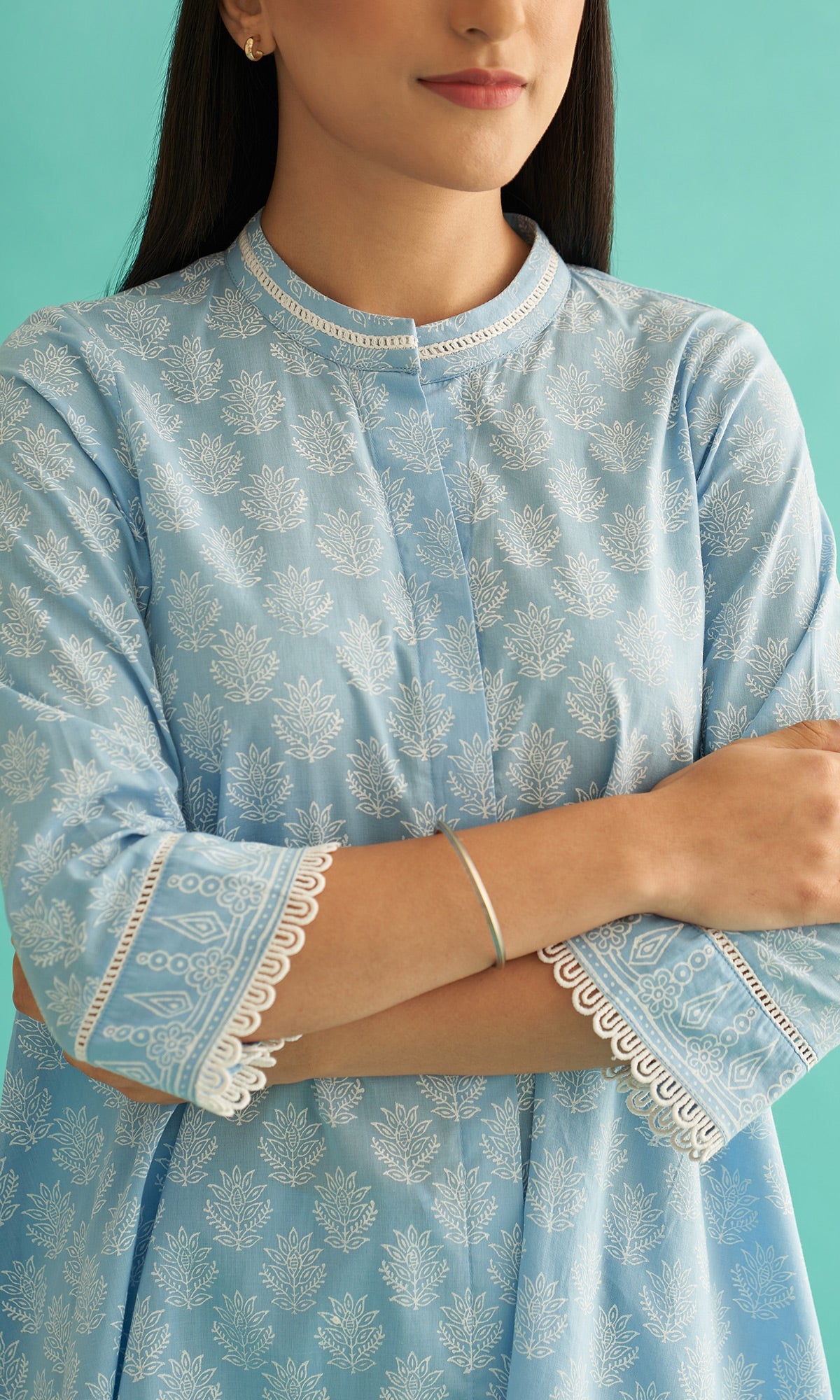 Daisy Vol 3 - Powder Blue Hand Block Printed Asymmetrical Shirt Set of 2