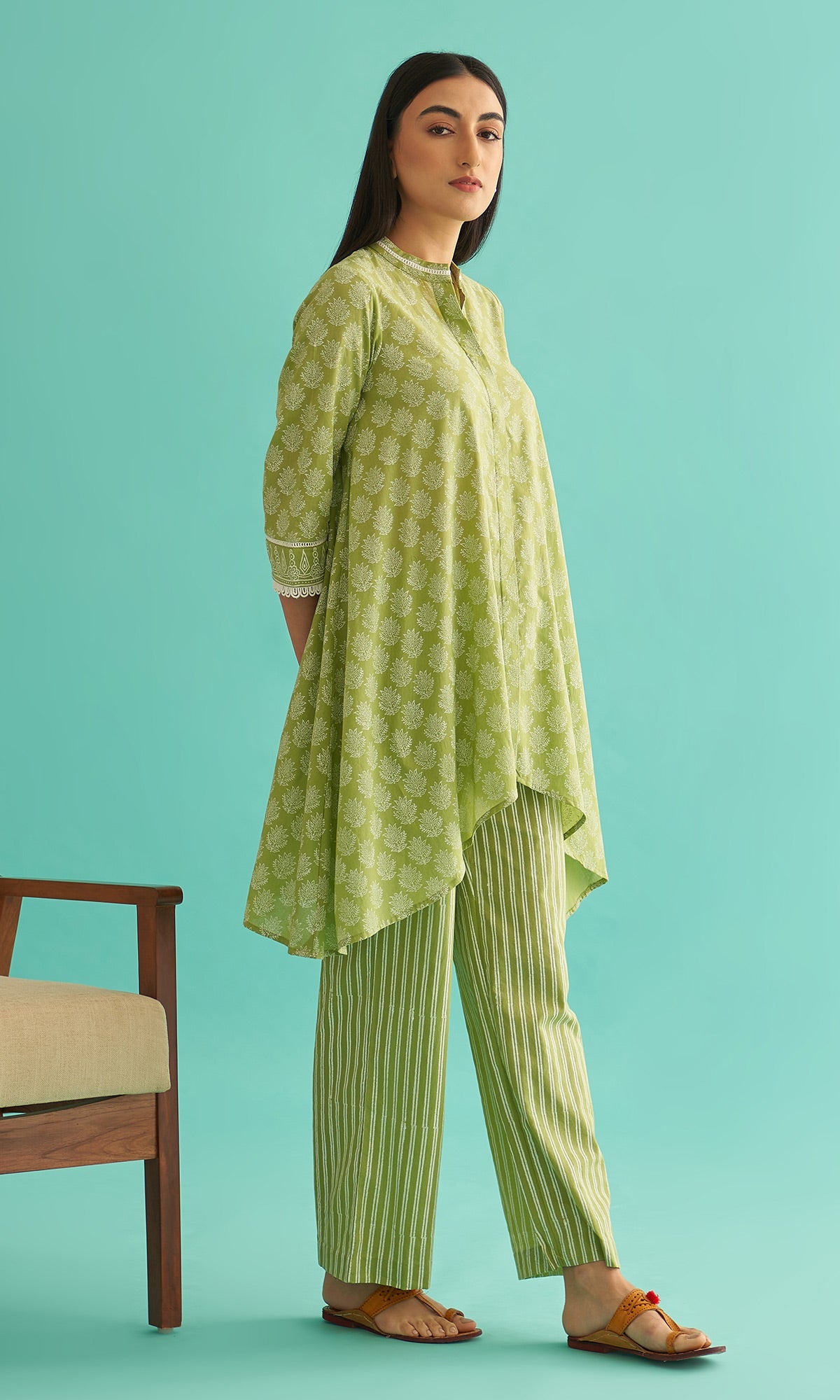 Daisy Vol 3 - Pista Green Hand Block Printed Asymmetrical Shirt Set of 2