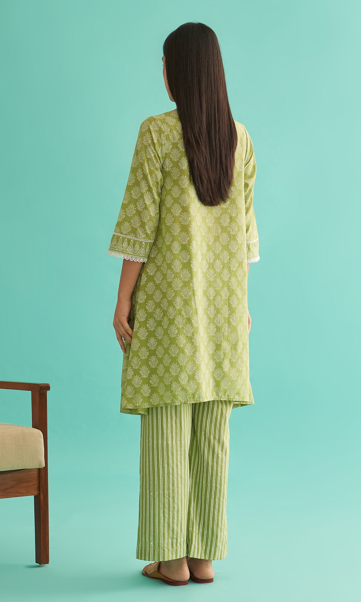 Daisy Vol 3 - Pista Green Hand Block Printed Asymmetrical Shirt Set of 2