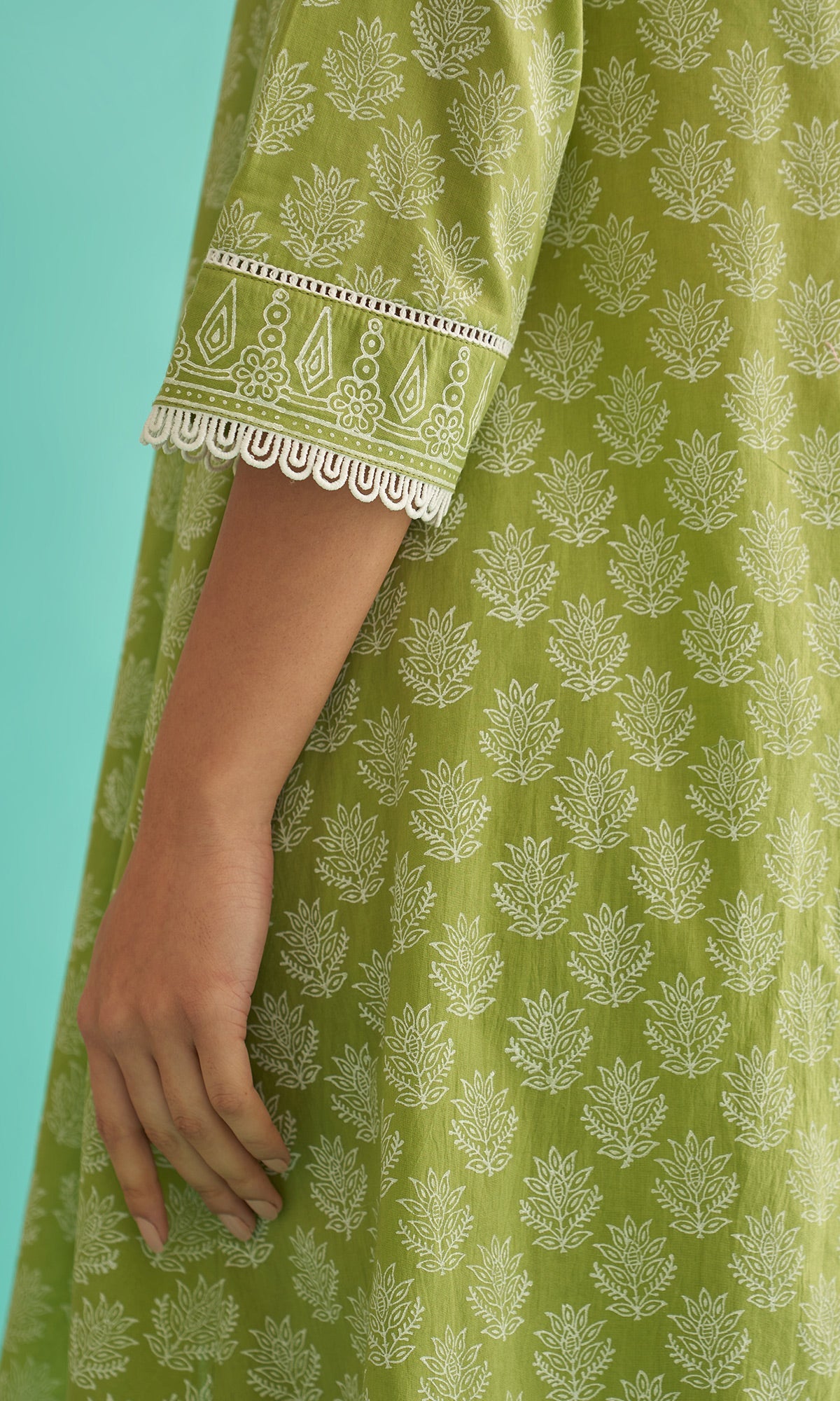 Daisy Vol 3 - Pista Green Hand Block Printed Asymmetrical Shirt Set of 2