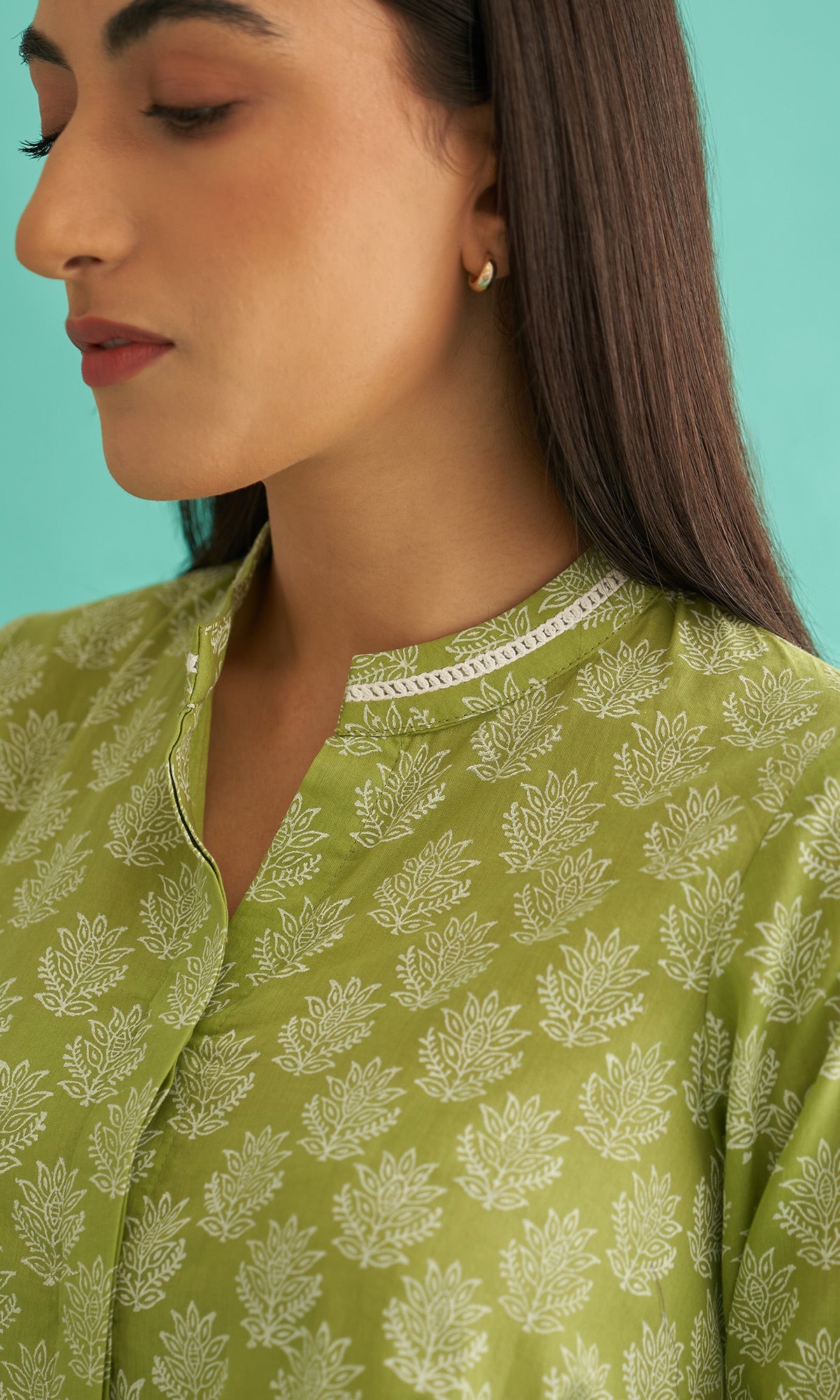 Daisy Vol 3 - Pista Green Hand Block Printed Asymmetrical Shirt Set of 2
