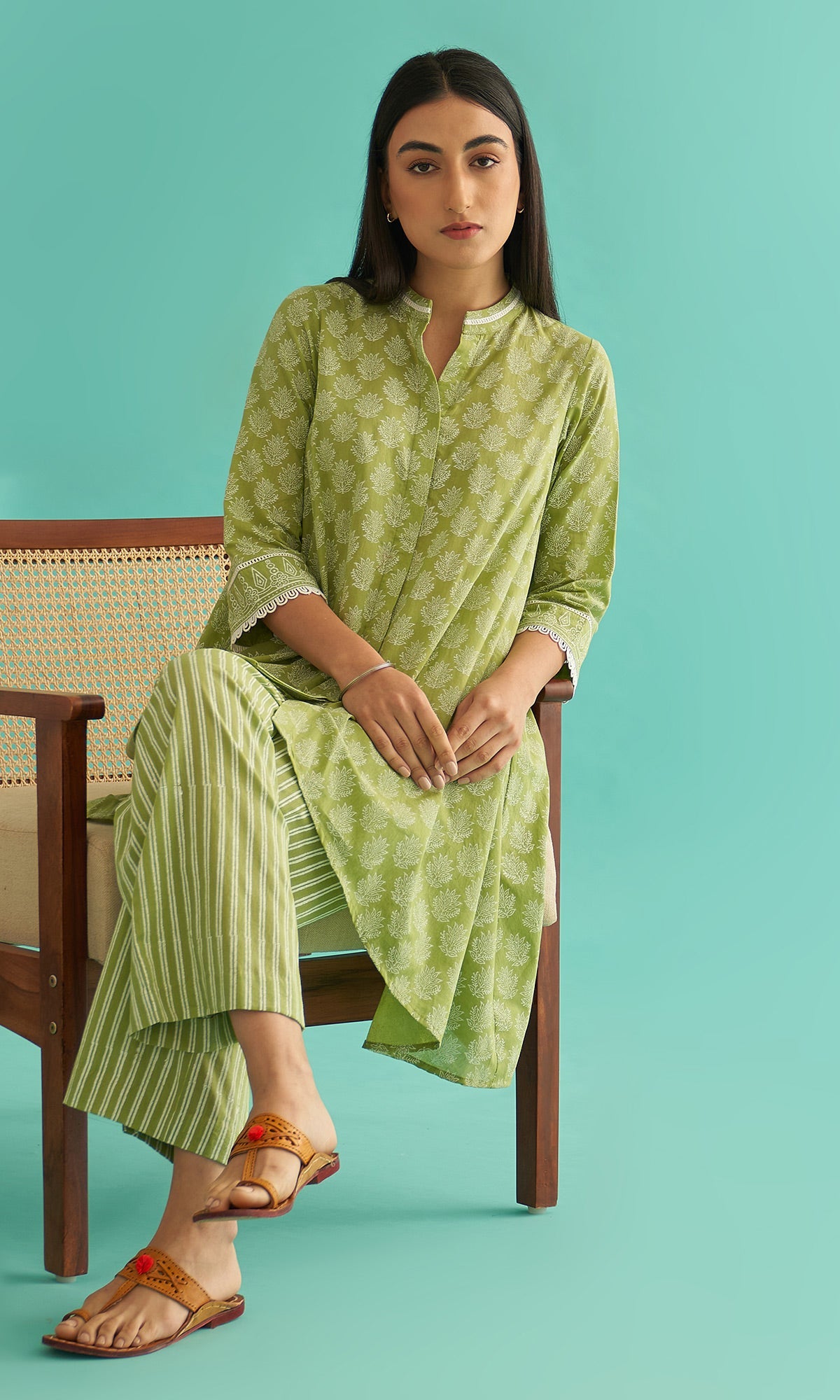 Daisy Vol 3 - Pista Green Hand Block Printed Asymmetrical Shirt Set of 2