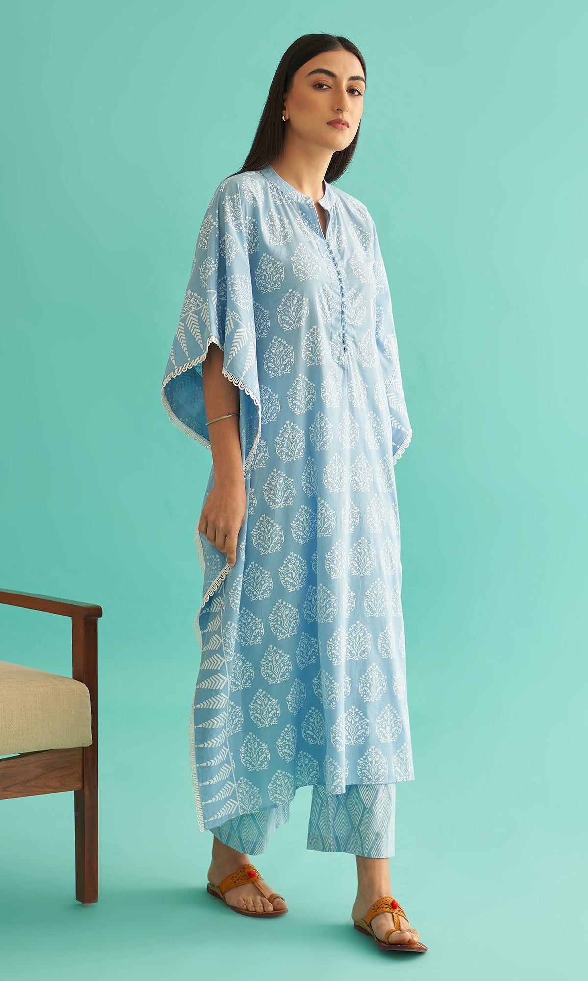 Daisy Vol 3 - Powder Blue Hand Block Printed Kaftan Set of 2