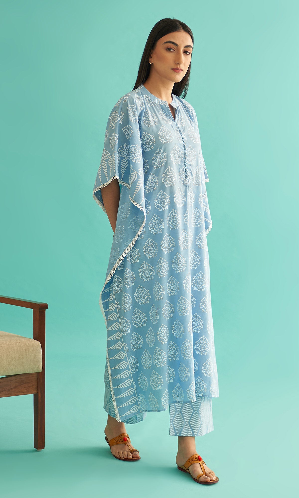 Daisy Vol 3 - Powder Blue Hand Block Printed Kaftan Set of 2