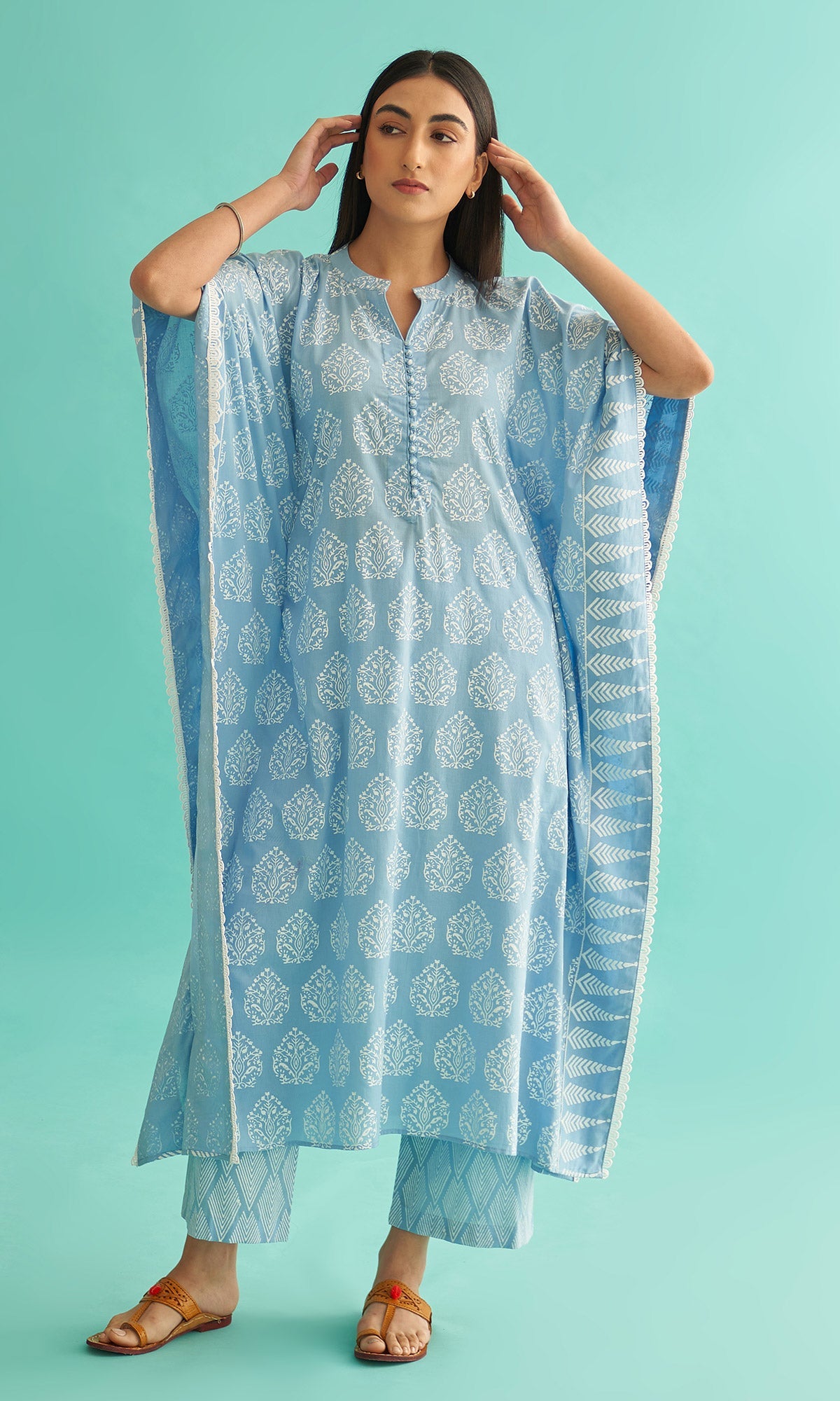 Daisy Vol 3 - Powder Blue Hand Block Printed Kaftan Set of 2