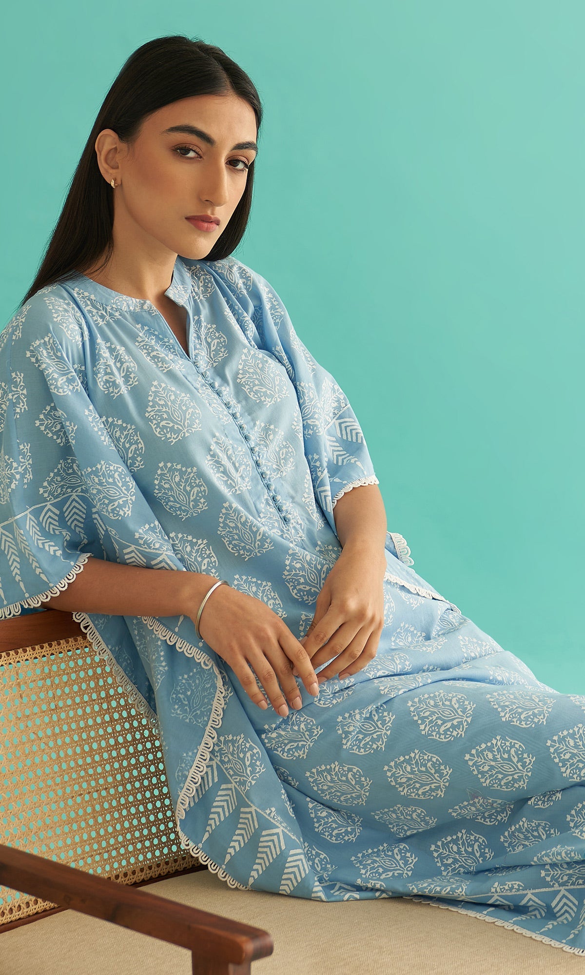 Daisy Vol 3 - Powder Blue Hand Block Printed Kaftan Set of 2