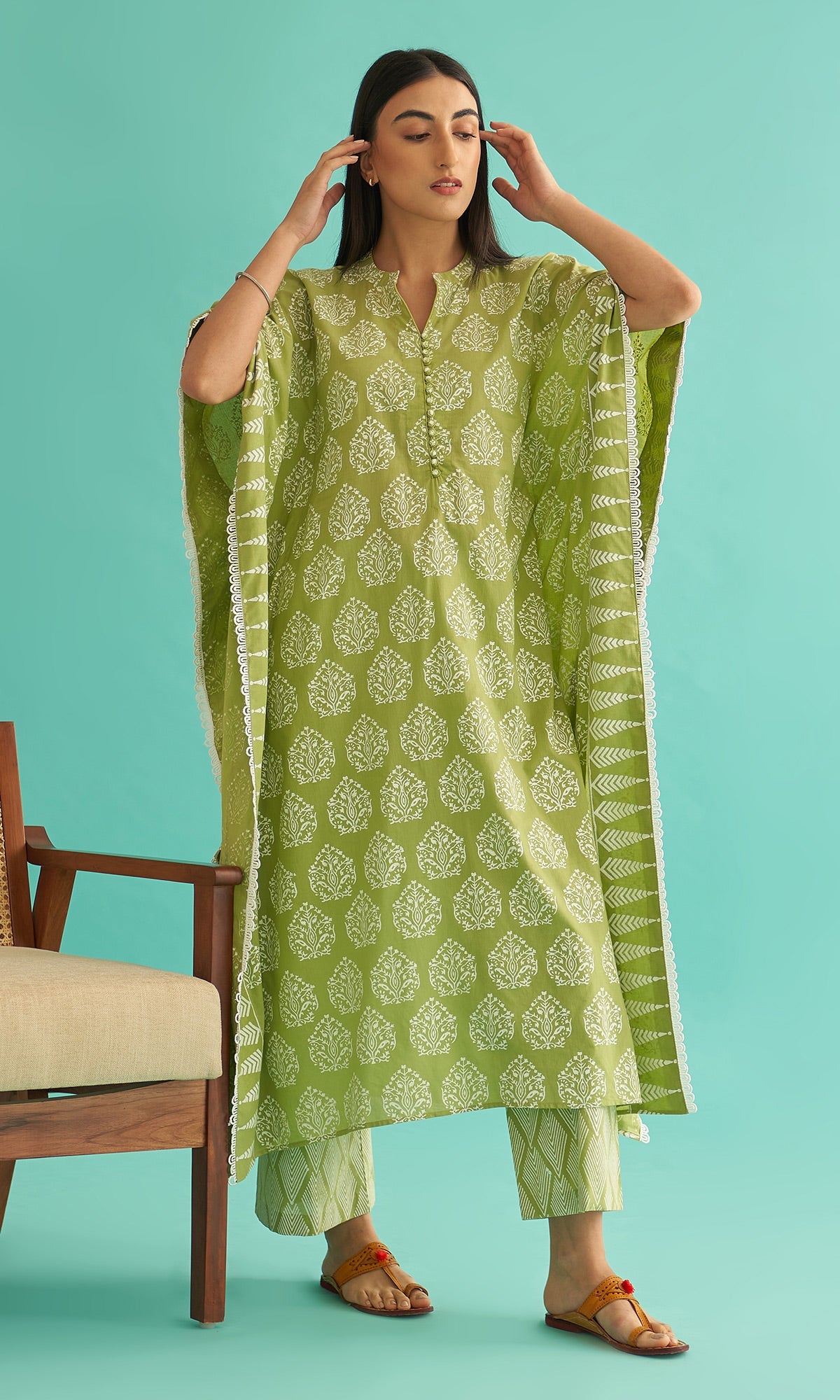 Daisy Vol 3 - Pista Green Hand Block Printed Kaftan Set of 2