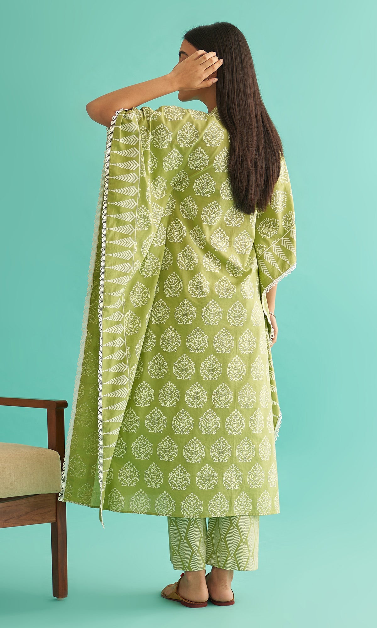 Daisy Vol 3 - Pista Green Hand Block Printed Kaftan Set of 2