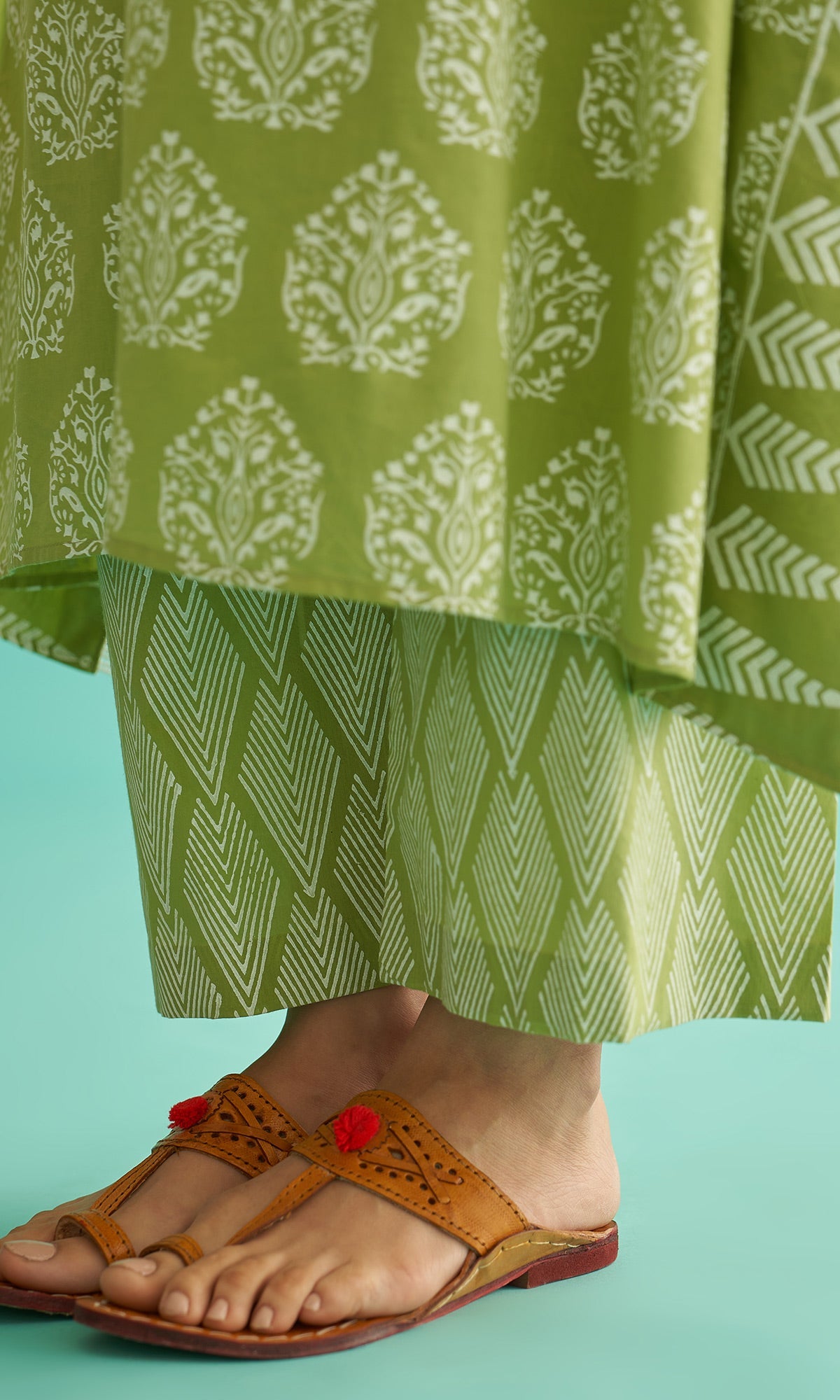 Daisy Vol 3 - Pista Green Hand Block Printed Kaftan Set of 2