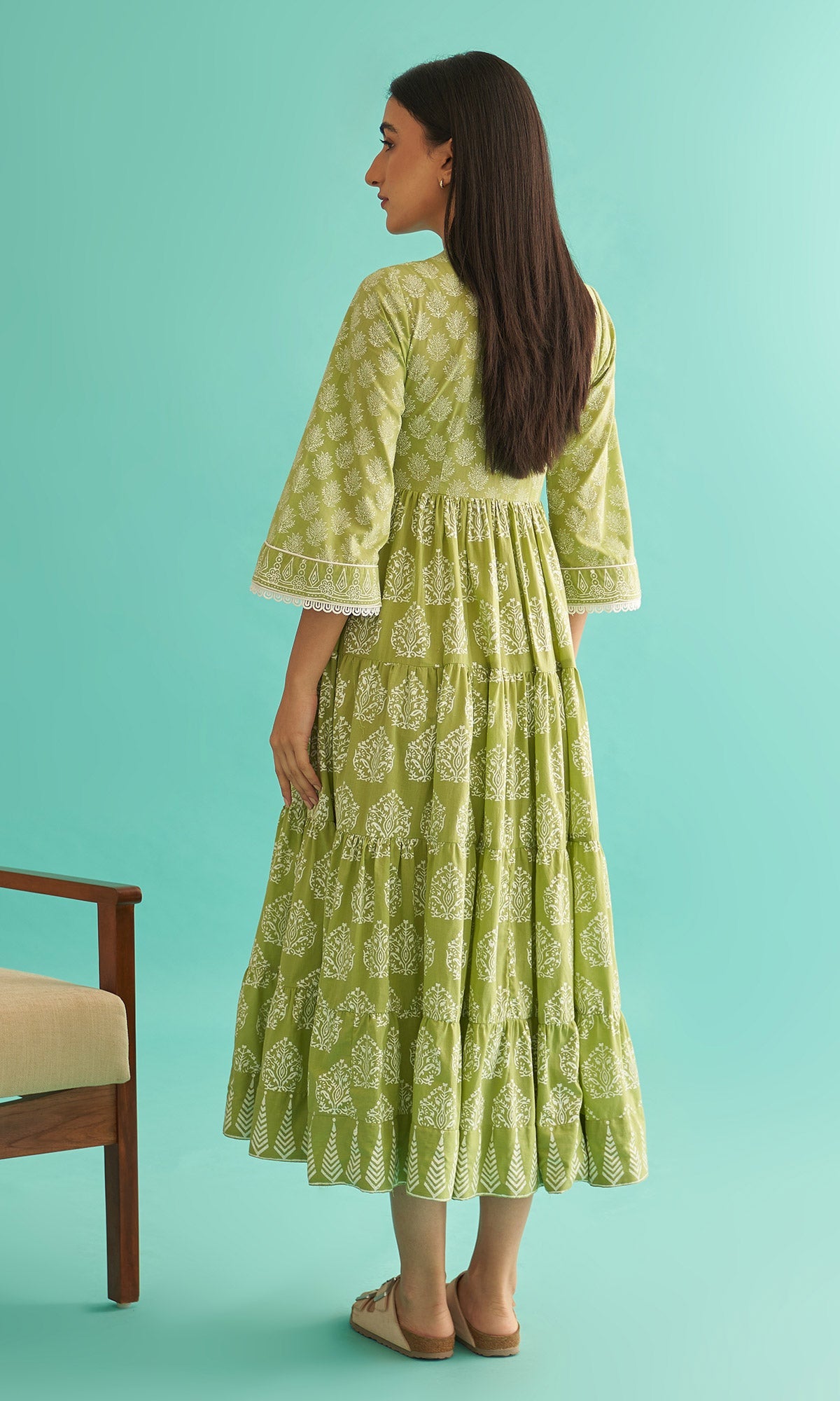 Daisy Vol 3 - Pista Green Hand Block Printed Tiered Dress
