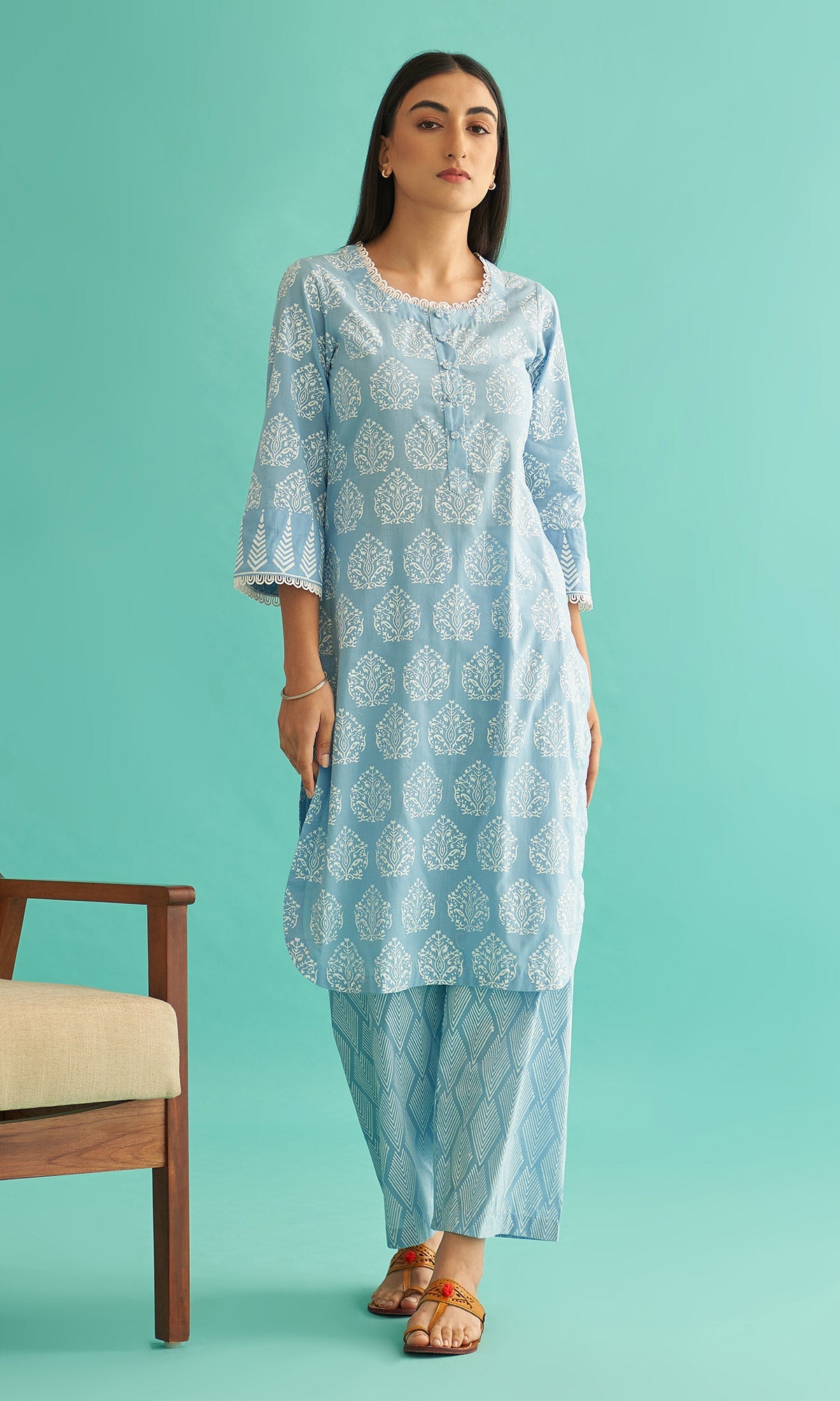 Daisy Vol 3 - Powder Blue Hand Block Printed Straight Kurta Set of 2