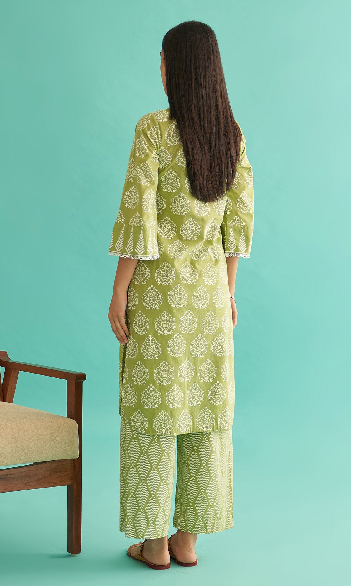 Daisy Vol 3 - Pista Green Hand Block Printed Straight Kurta Set of 2