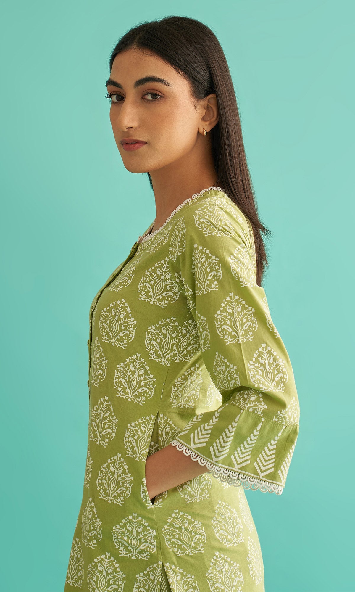 Daisy Vol 3 - Pista Green Hand Block Printed Straight Kurta Set of 2