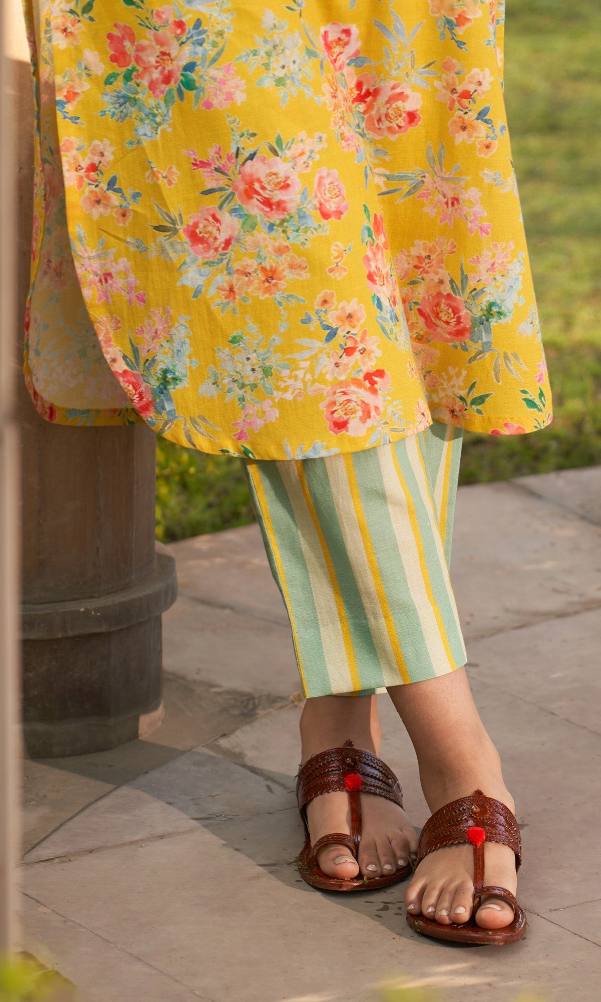 Iris Linen Yellow Floral Print Kurta With Stripe Pants ( Set Of 2)