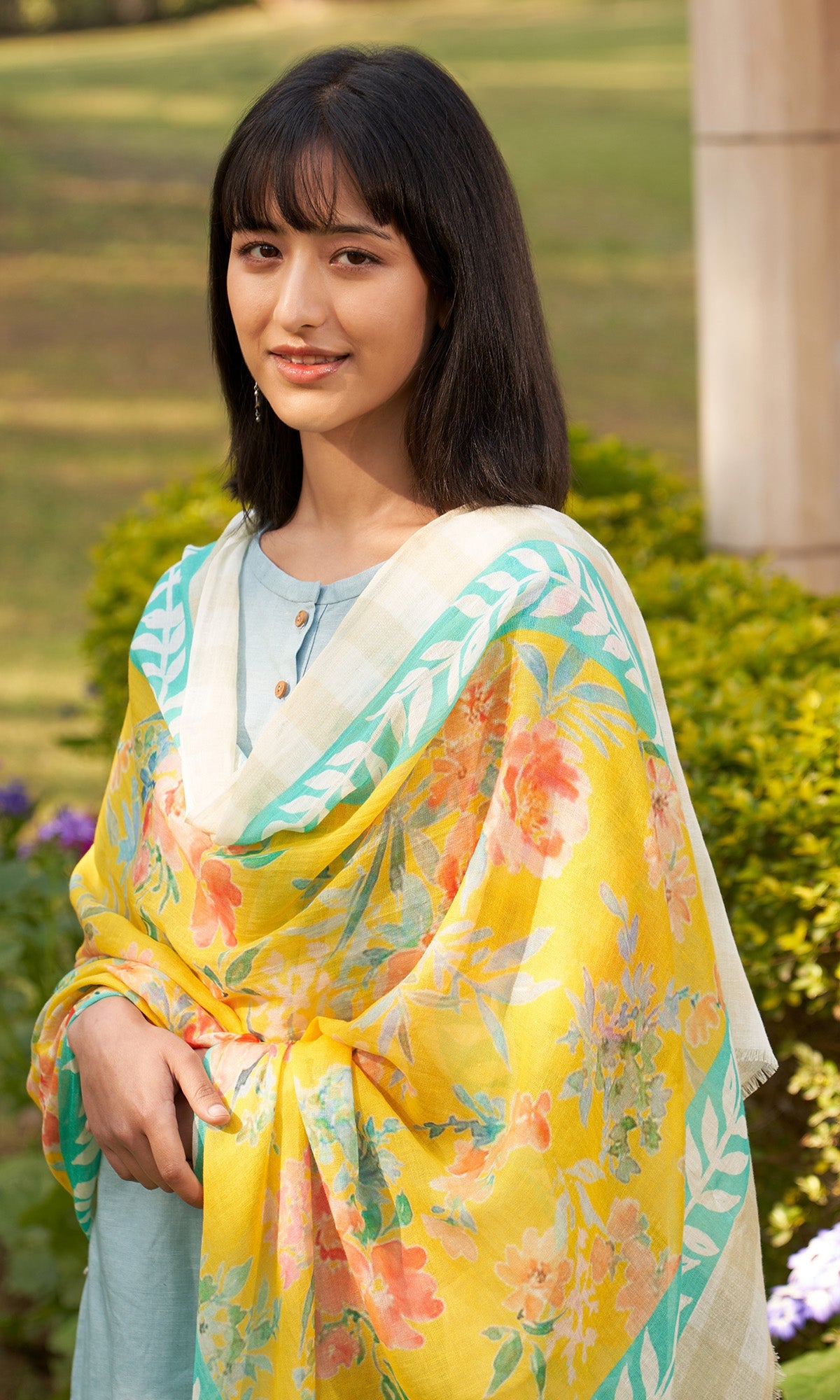 Iris Linen Turquoise Solid Kurta With Pants And Stole( Set Of 3)