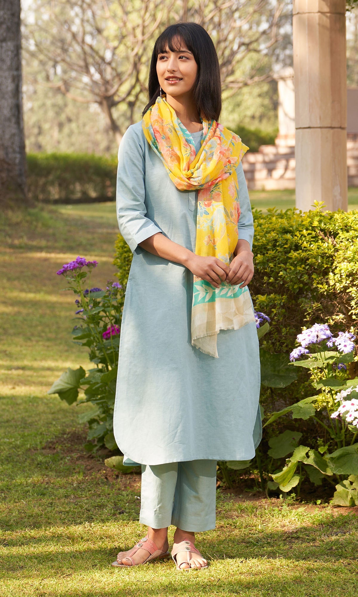 Iris Linen Turquoise Solid Kurta With Pants And Stole( Set Of 3)