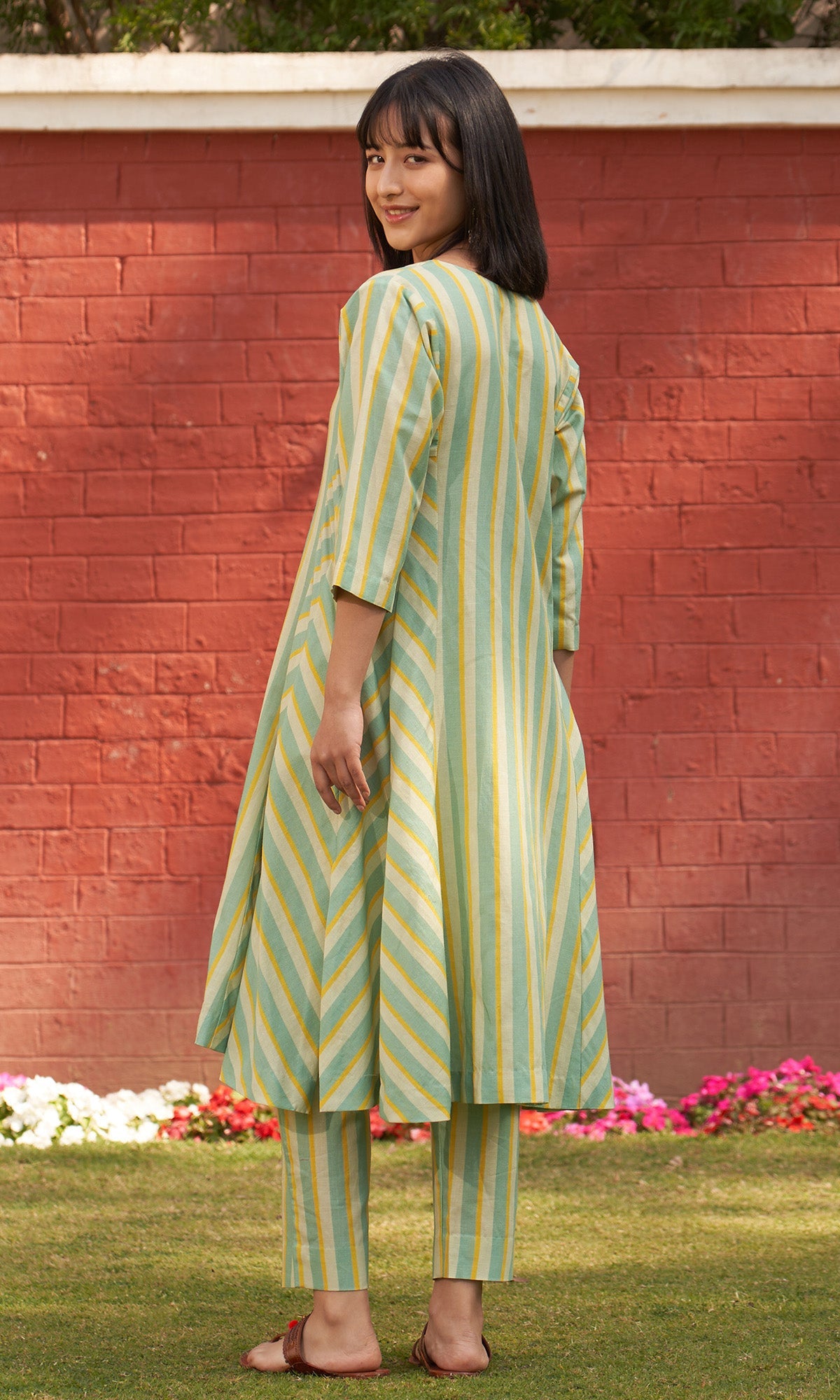 Iris Linen Yellow Stripe Choga With Pants ( Set Of 2)