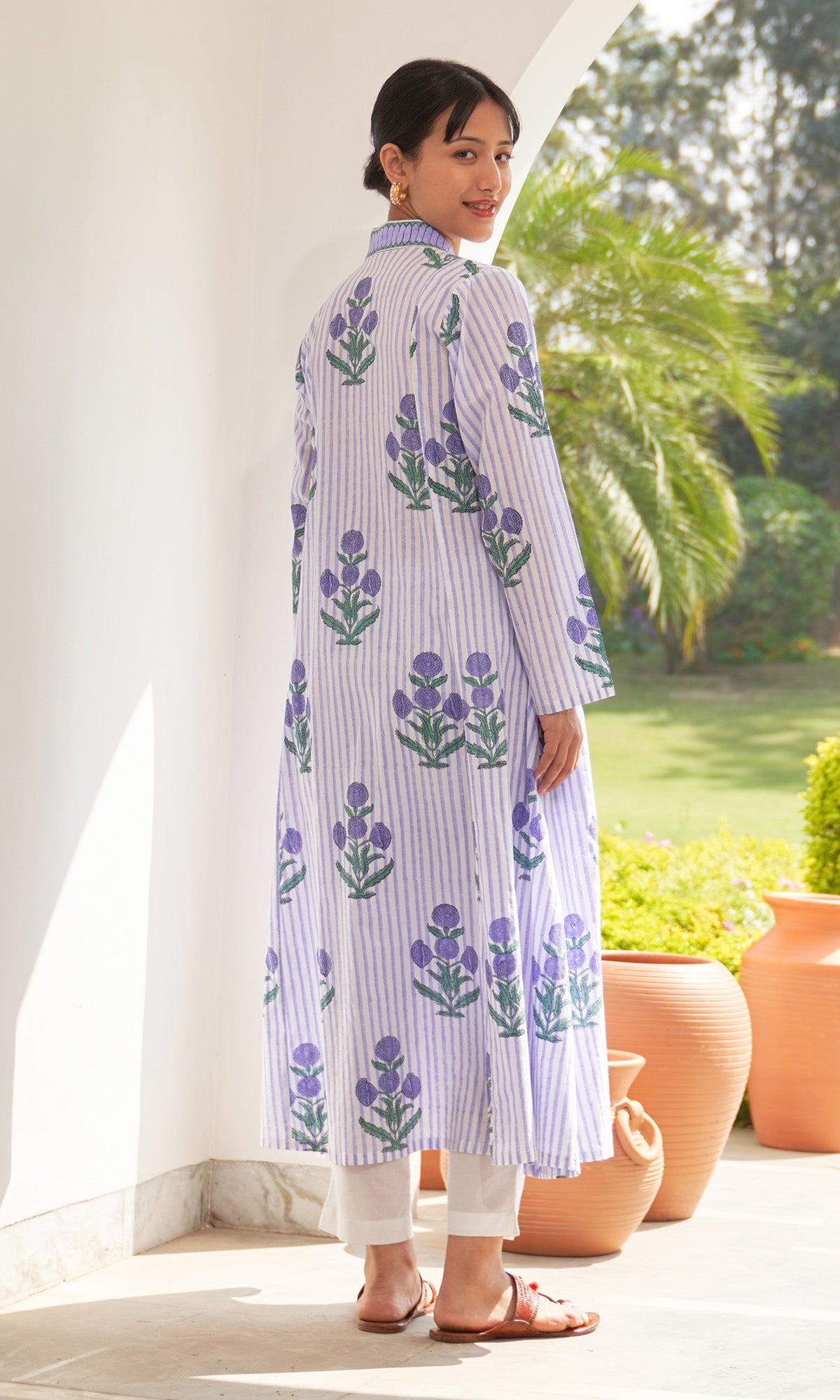 Iris Cotton Lilac Stripe Boota V- Neck Kurta Only