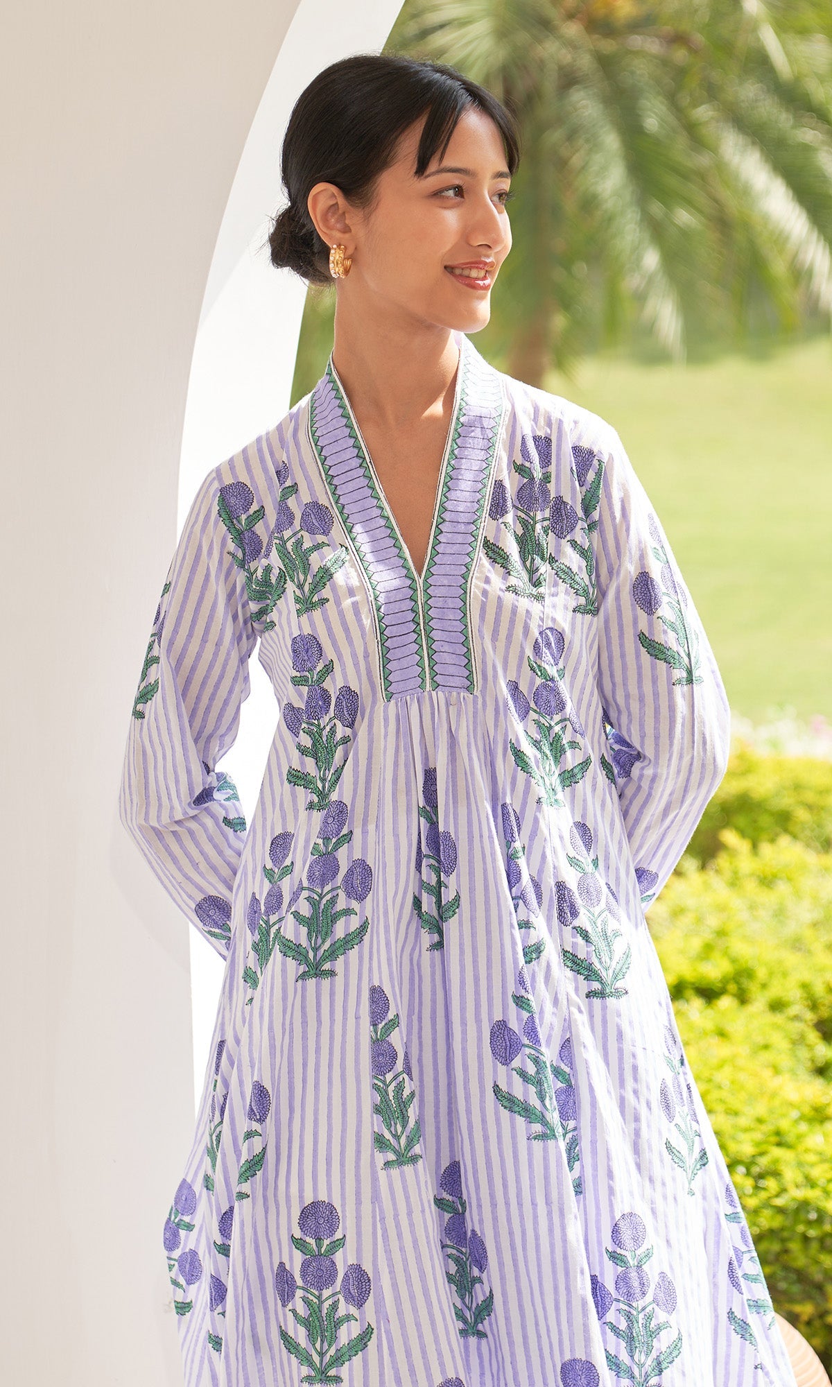 Iris Cotton Lilac Stripe Boota V- Neck Kurta Only