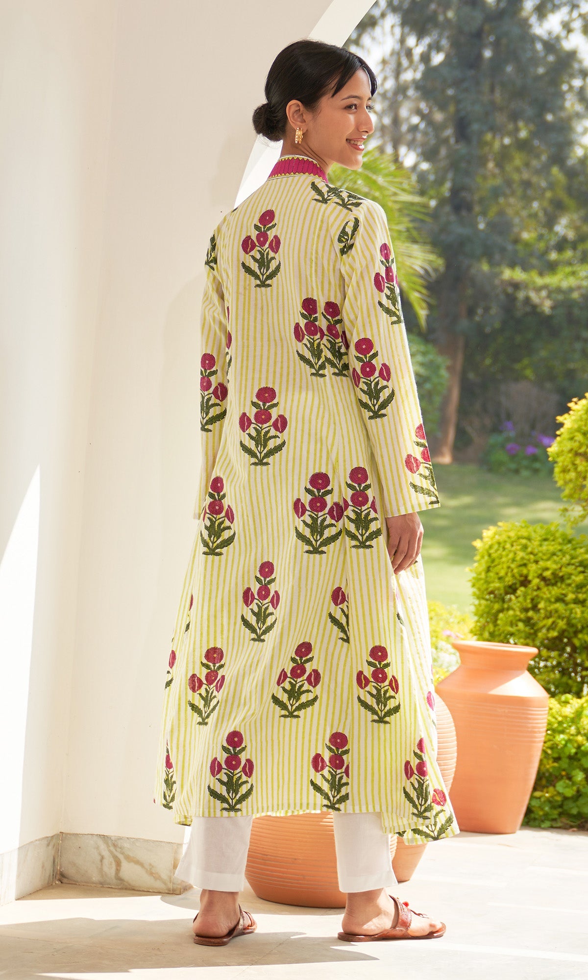 Iris Cotton Neon Green Stripe Boota V- Neck Kurta Only