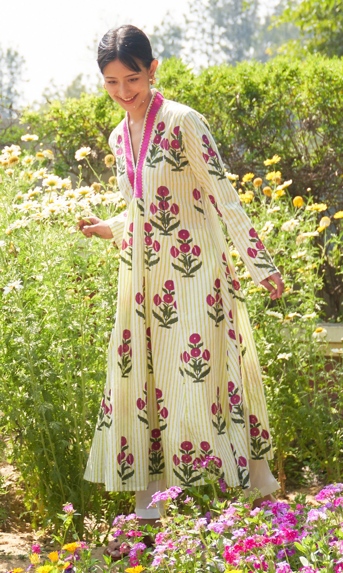 Iris Cotton Neon Green Stripe Boota V- Neck Kurta Only
