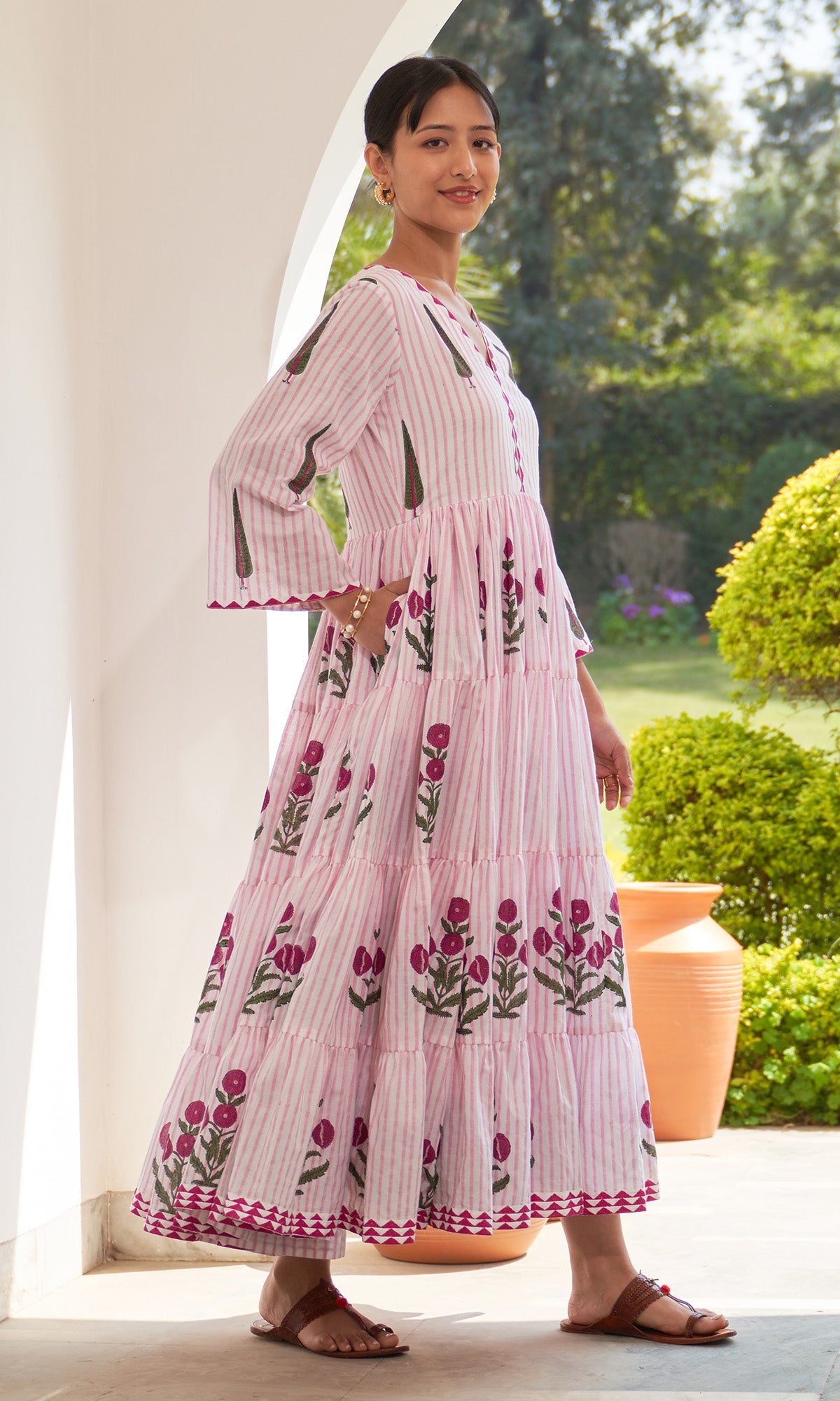 Iris Cotton Pink Stripe Boota Gathered Dress