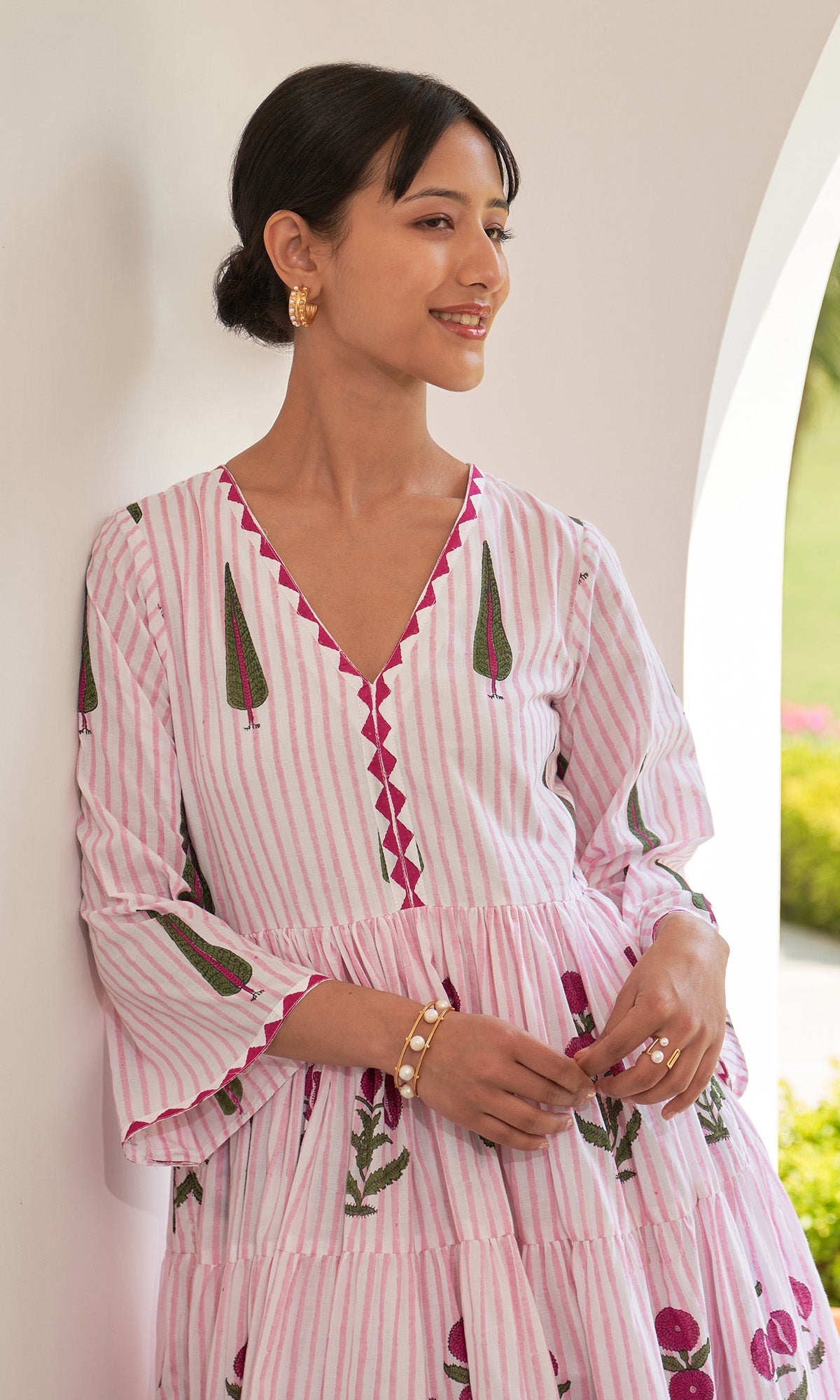 Iris Cotton Pink Stripe Boota Gathered Dress