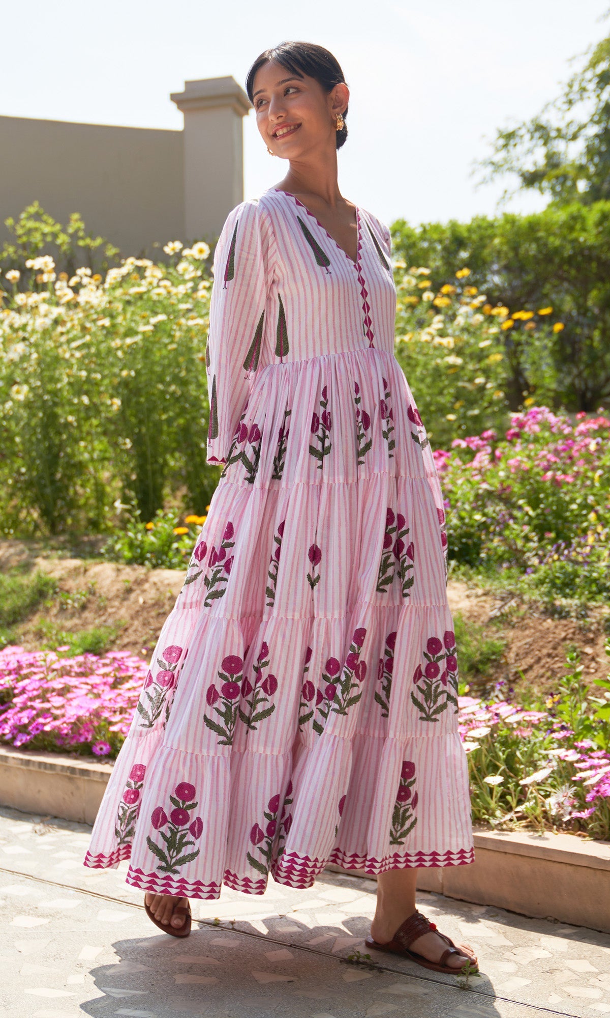 Iris Cotton Pink Stripe Boota Gathered Dress