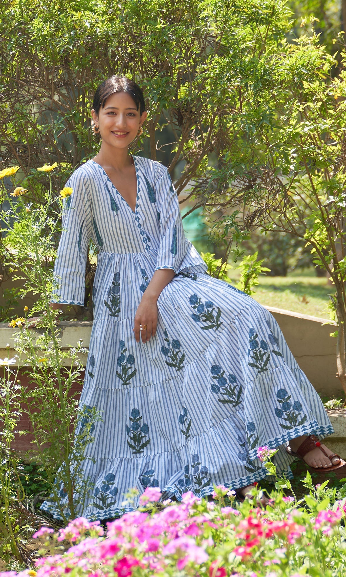 Iris Cotton Blue Stripe Boota Gathered Dress