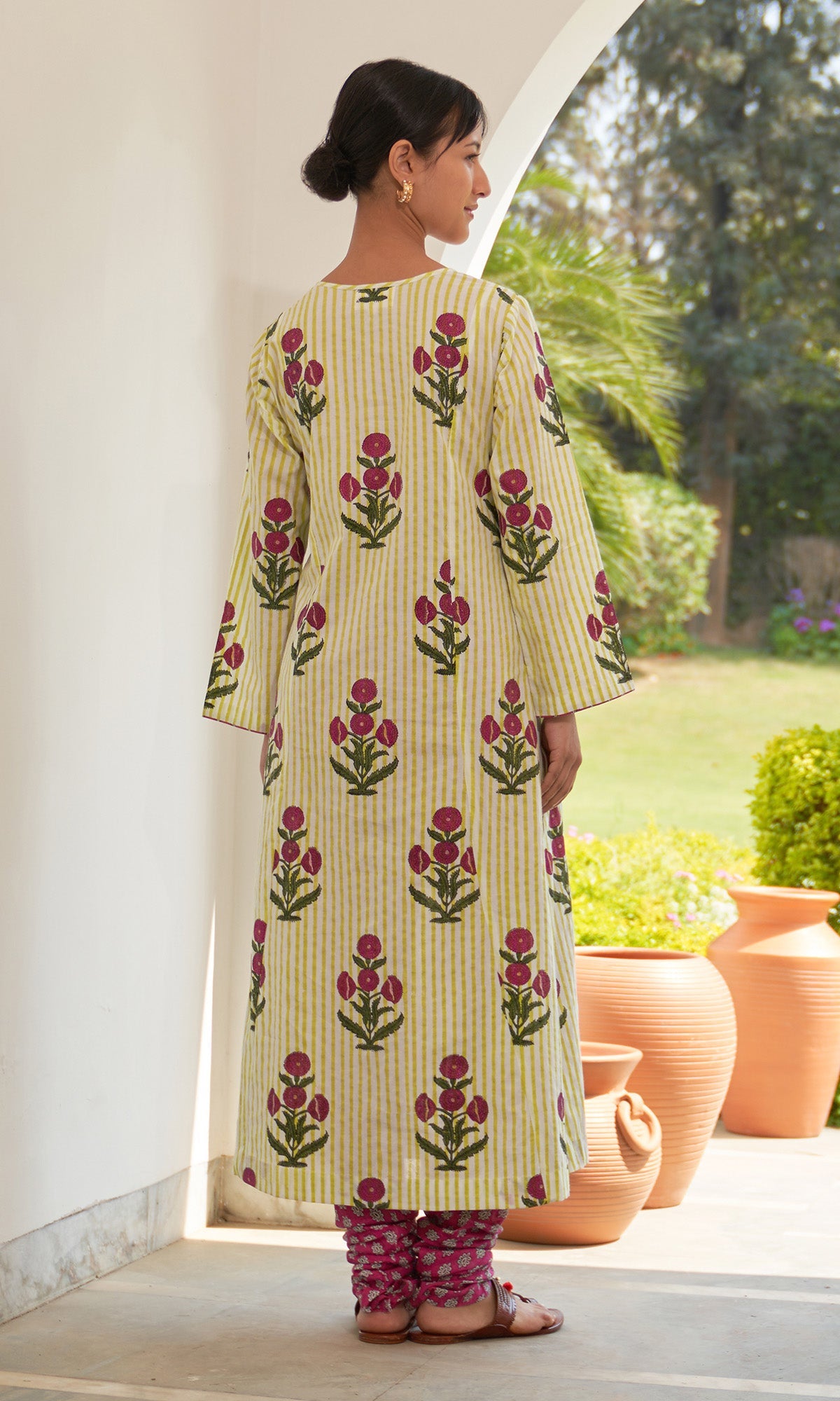 Iris Cotton Neon Green Hand Block Printed Long Kurta With Chooridar And Dupatta (Set Of 3)