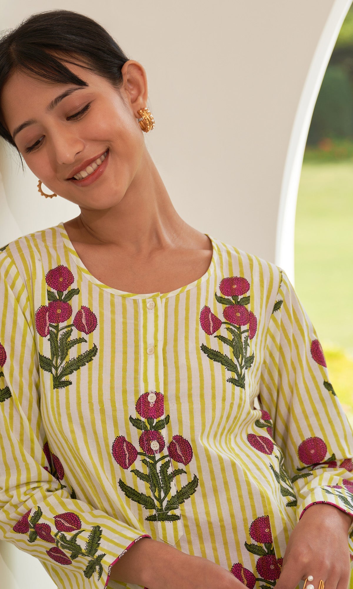 Iris Cotton Neon Green Hand Block Printed Long Kurta With Chooridar And Dupatta (Set Of 3)