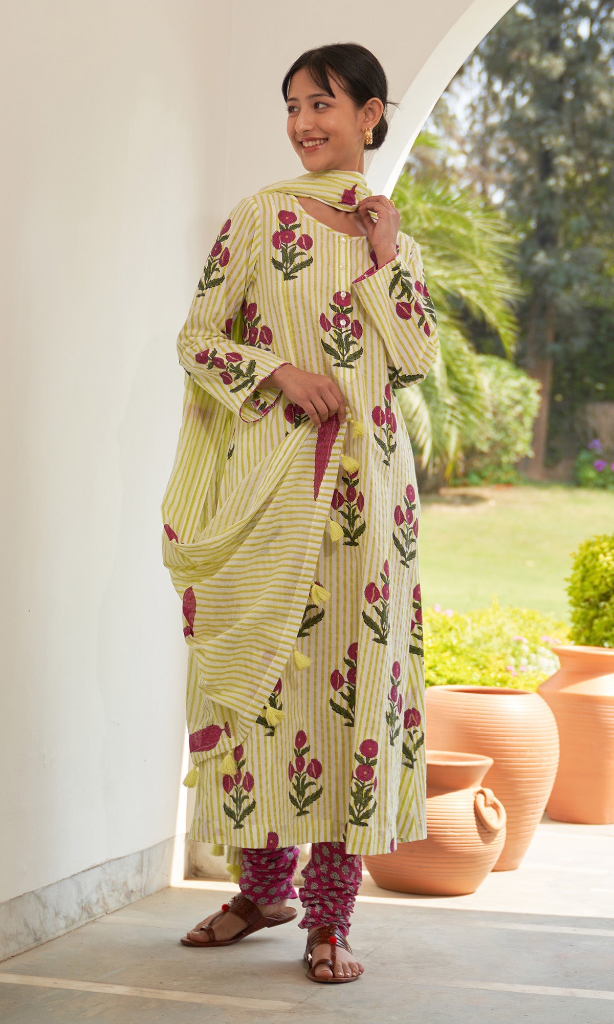 Iris Cotton Neon Green Hand Block Printed Long Kurta With Chooridar And Dupatta (Set Of 3)