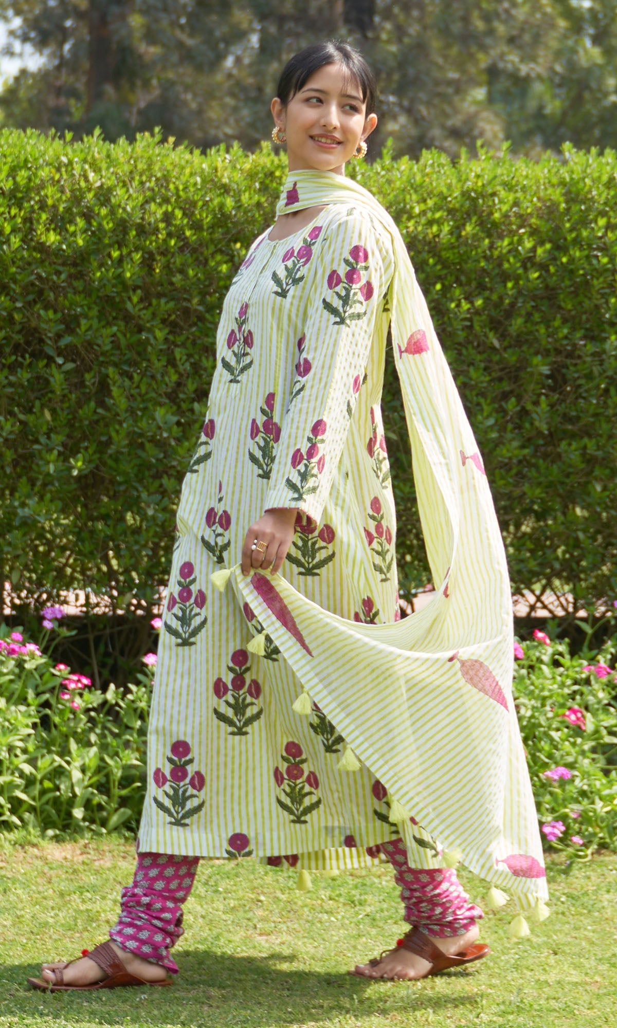 Iris Cotton Neon Green Hand Block Printed Long Kurta With Chooridar And Dupatta (Set Of 3)