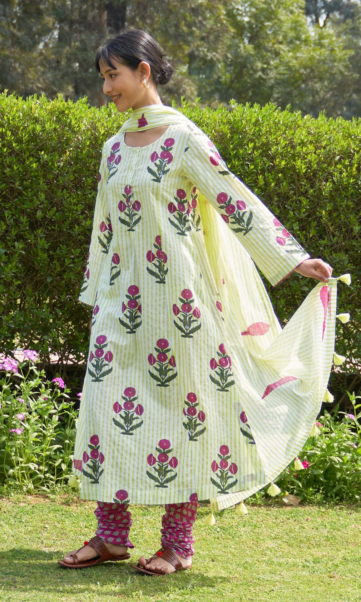 Iris Cotton Neon Green Hand Block Printed Long Kurta With Chooridar And Dupatta (Set Of 3)