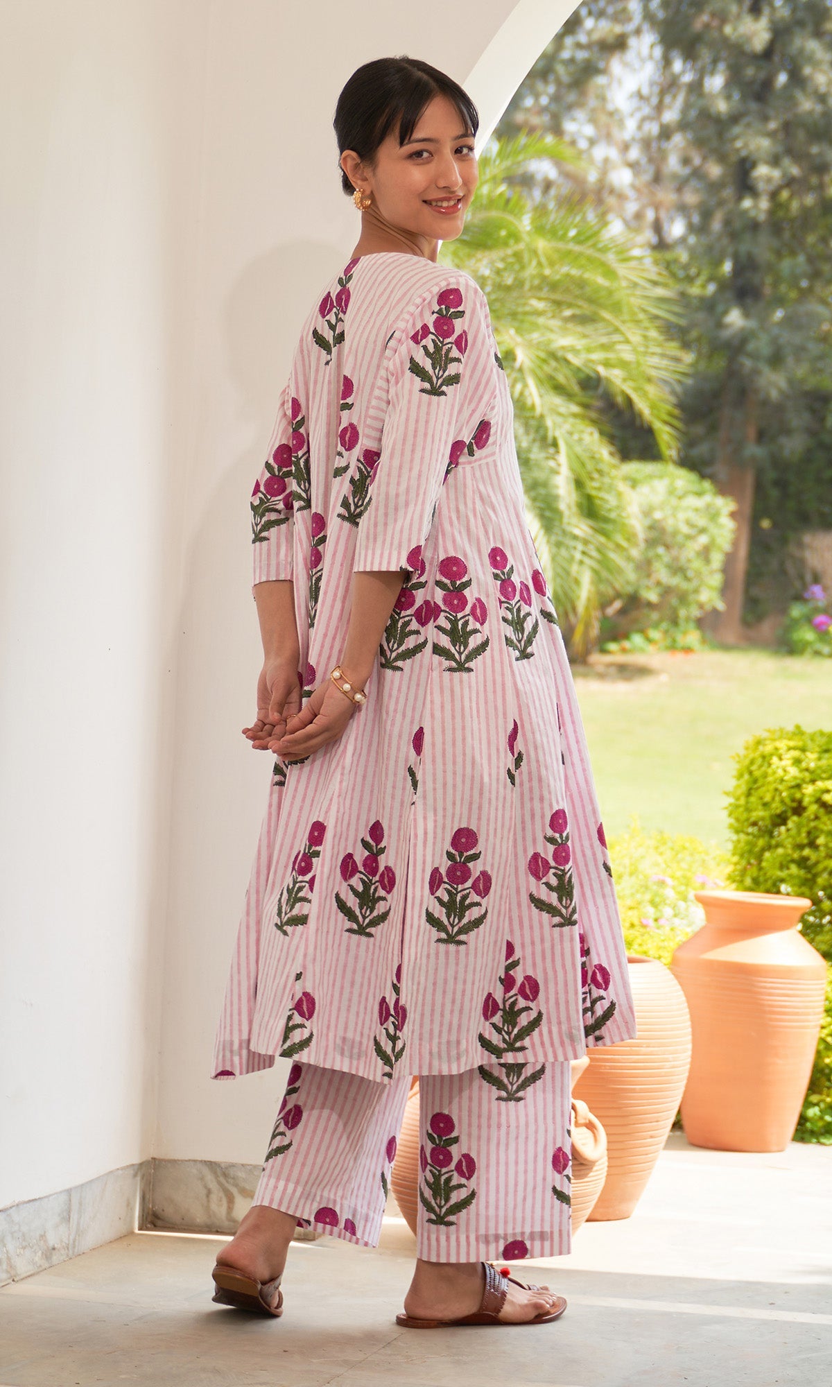 Iris Cotton Pink Stripe Boota Choga With Palazzo (Set Of 2)