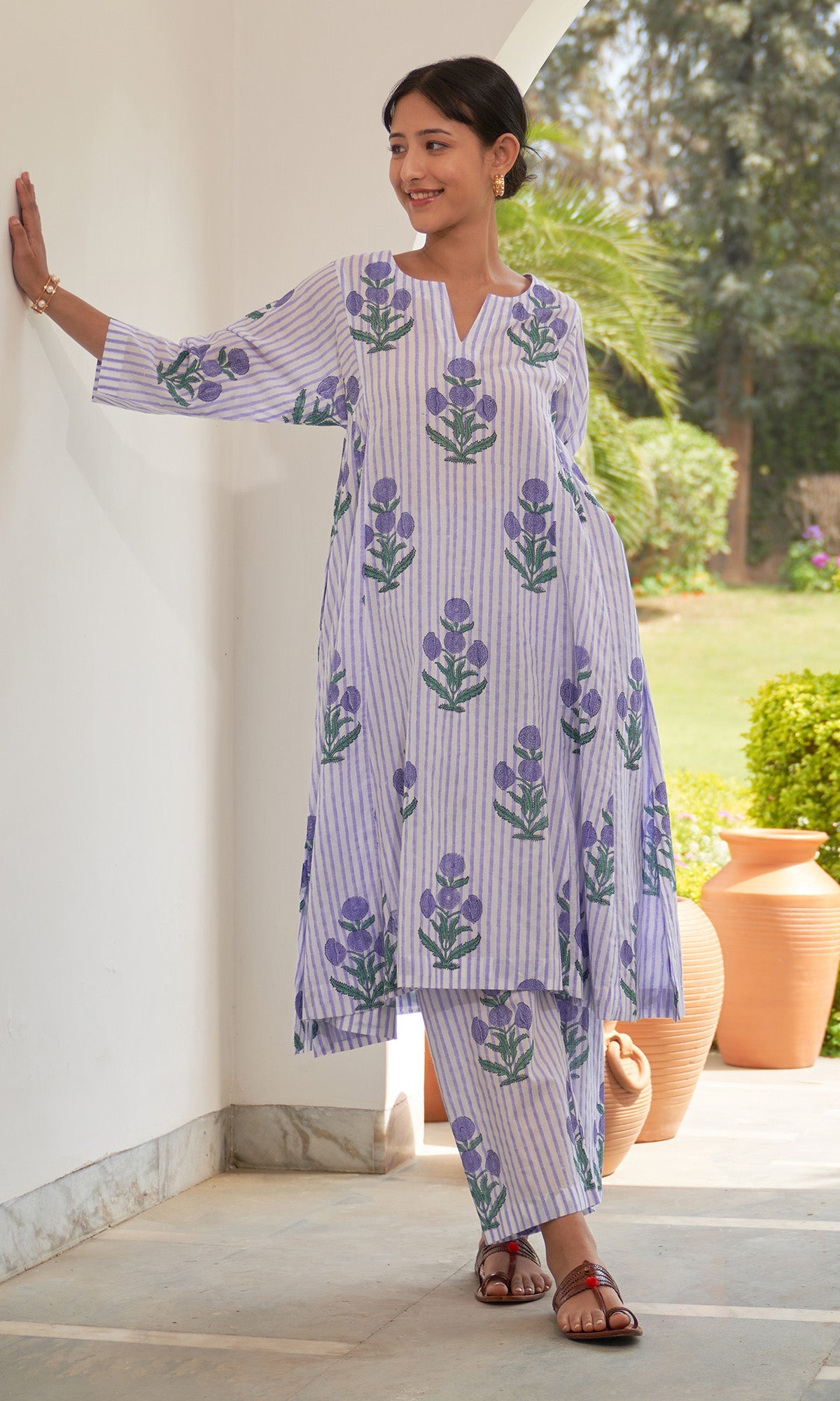 Iris Cotton Lilac Stripe Boota Choga With Palazzo (Set Of 2)